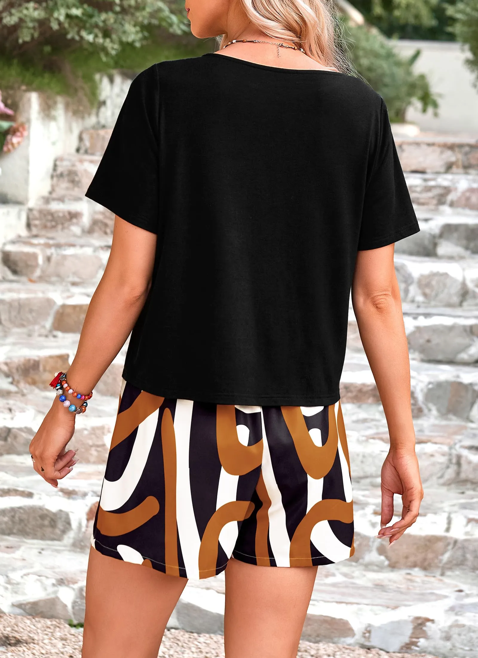 2 Piece Summer Short Sleeve Tops Printed Shorts Tracksuit
