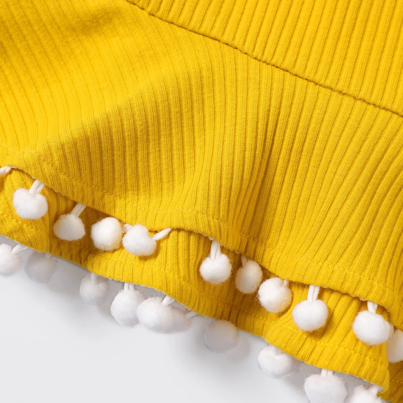 2pcs Baby Girl Solid Cotton Ribbed Layered Ruffle Hem Pom Poms Cami Top & Leggings Set