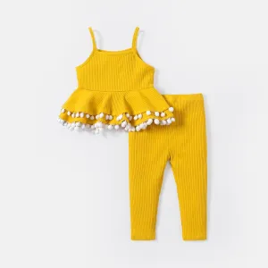 2pcs Baby Girl Solid Cotton Ribbed Layered Ruffle Hem Pom Poms Cami Top & Leggings Set