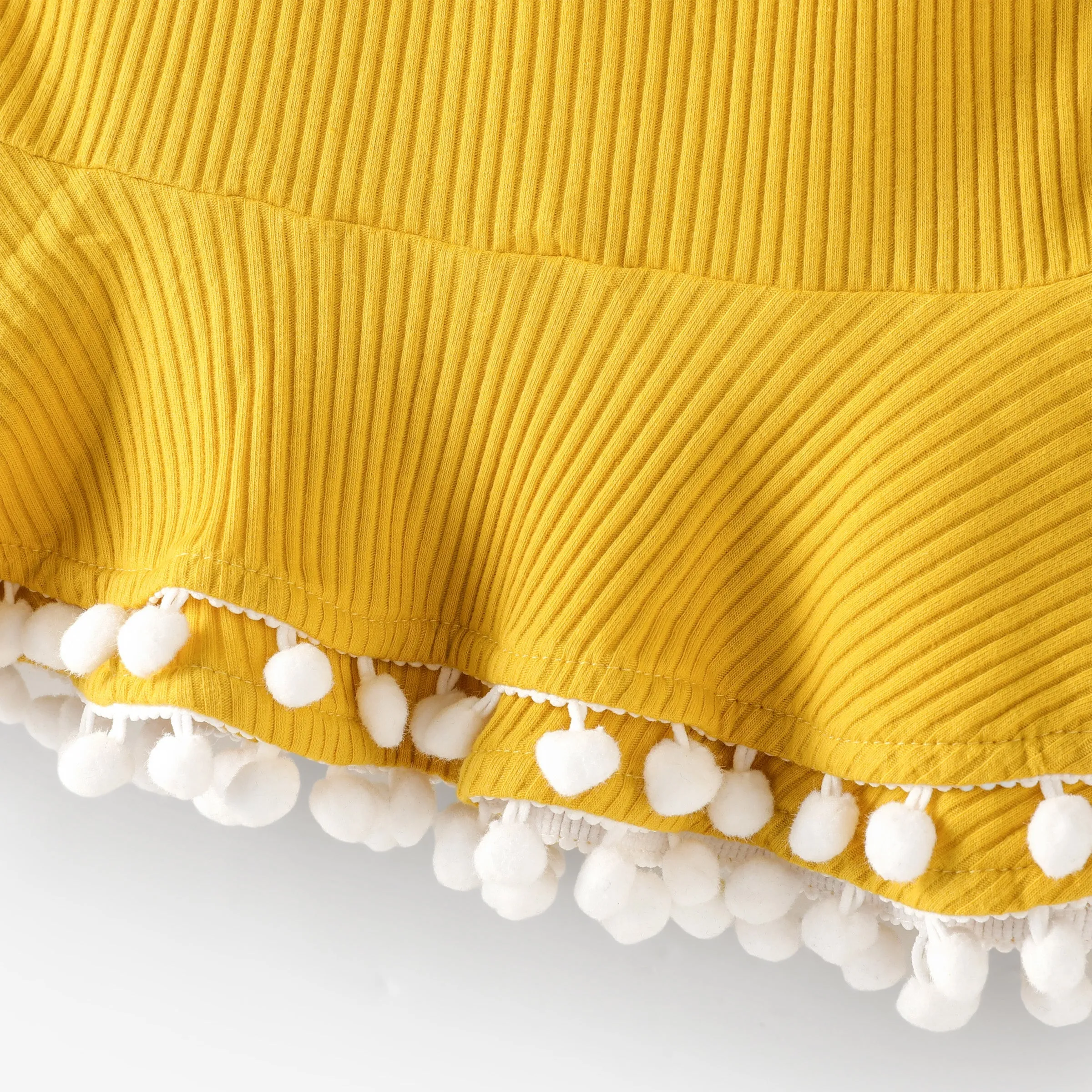 2pcs Baby Girl Solid Cotton Ribbed Layered Ruffle Hem Pom Poms Cami Top & Leggings Set