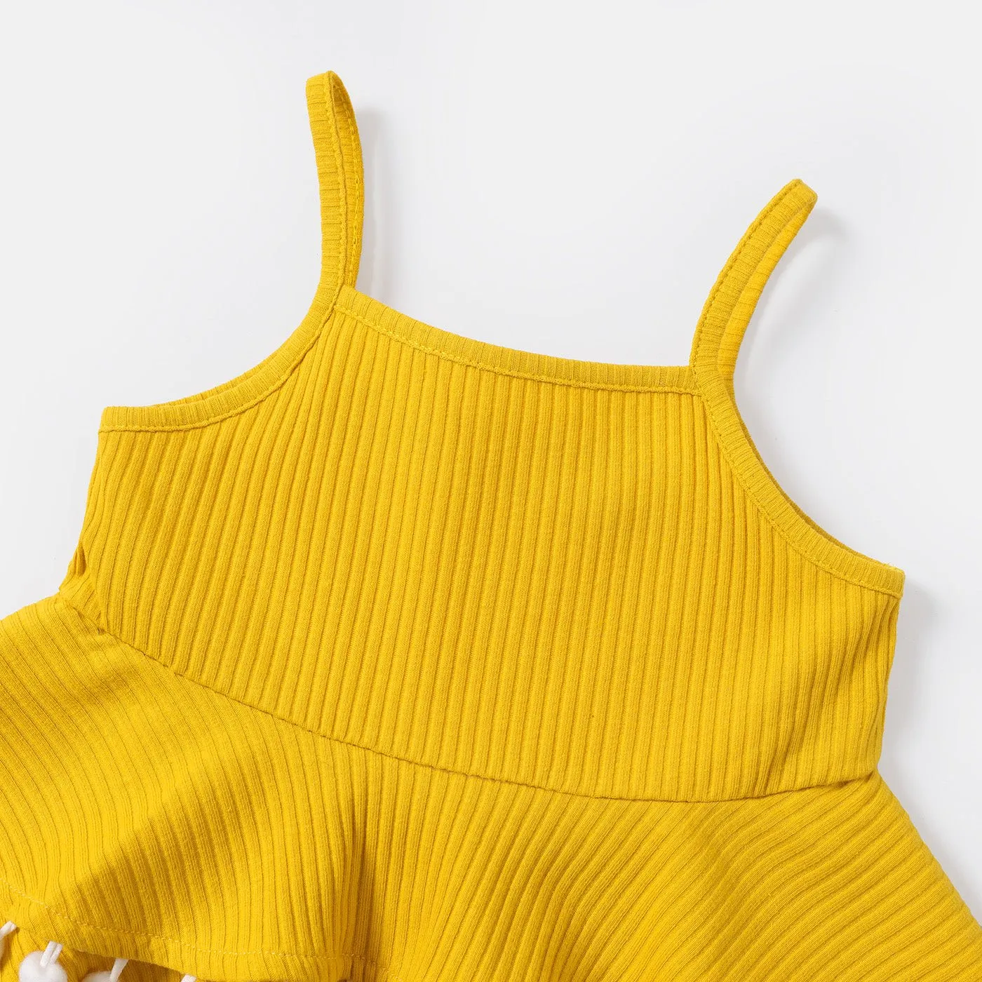 2pcs Baby Girl Solid Cotton Ribbed Layered Ruffle Hem Pom Poms Cami Top & Leggings Set