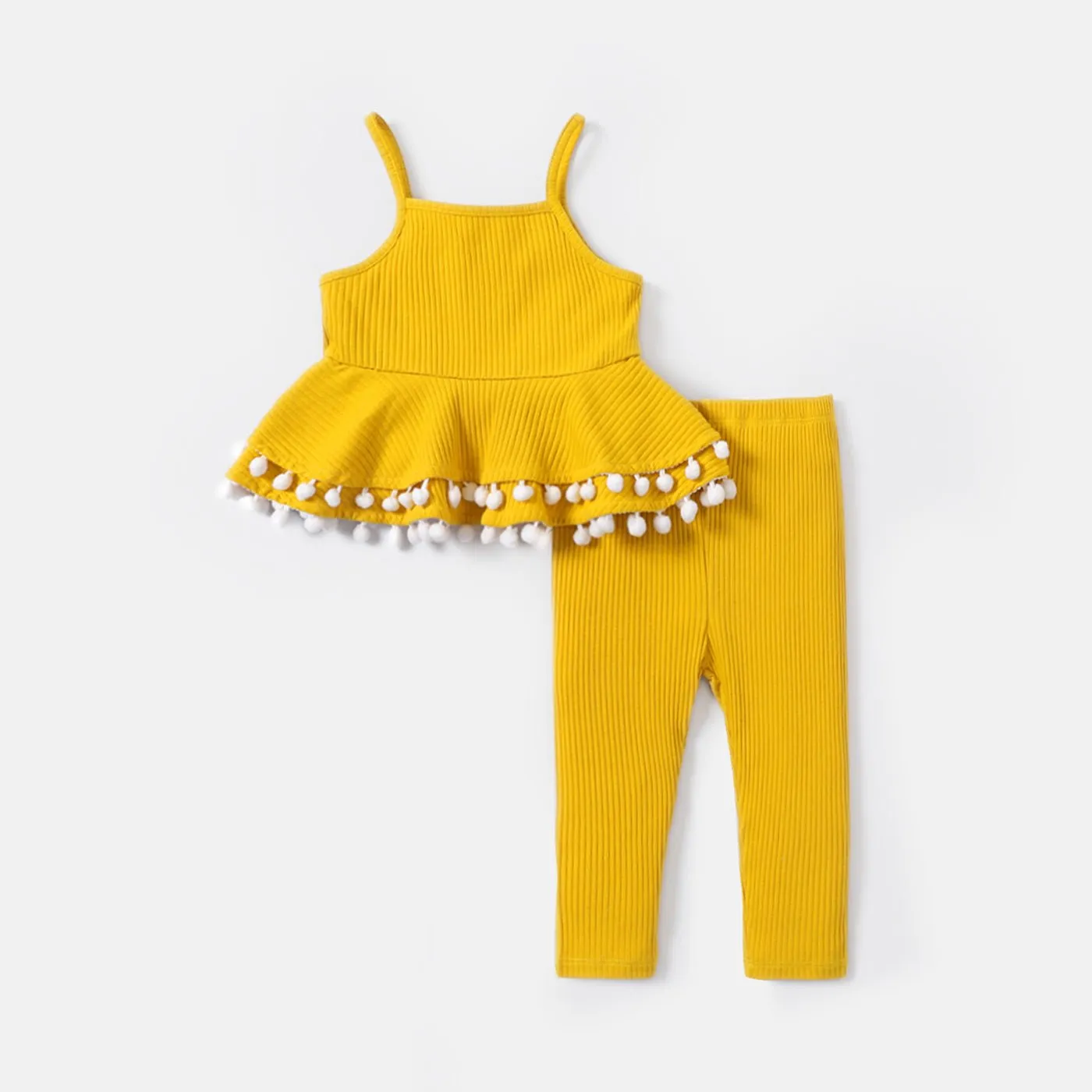 2pcs Baby Girl Solid Cotton Ribbed Layered Ruffle Hem Pom Poms Cami Top & Leggings Set