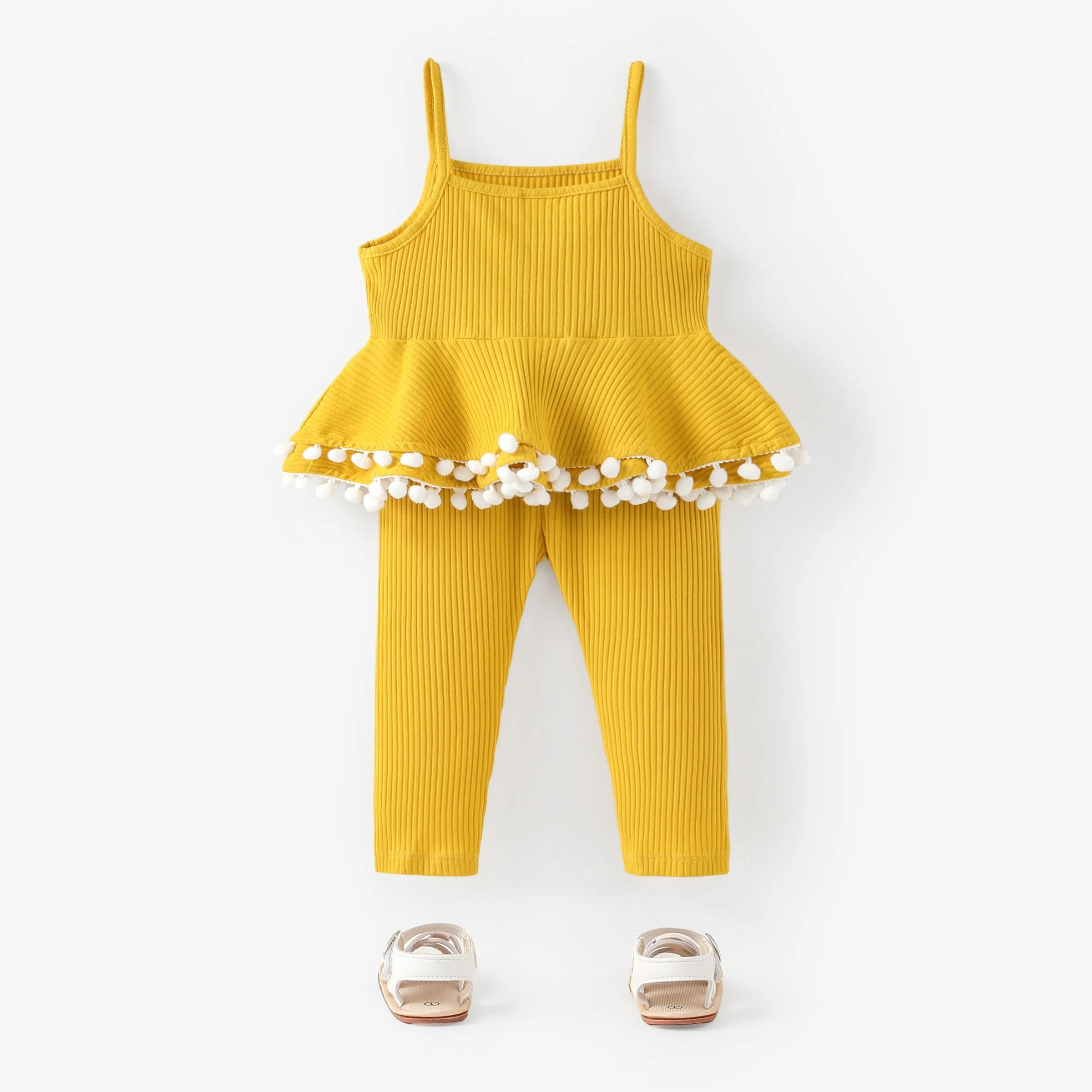 2pcs Baby Girl Solid Cotton Ribbed Layered Ruffle Hem Pom Poms Cami Top & Leggings Set