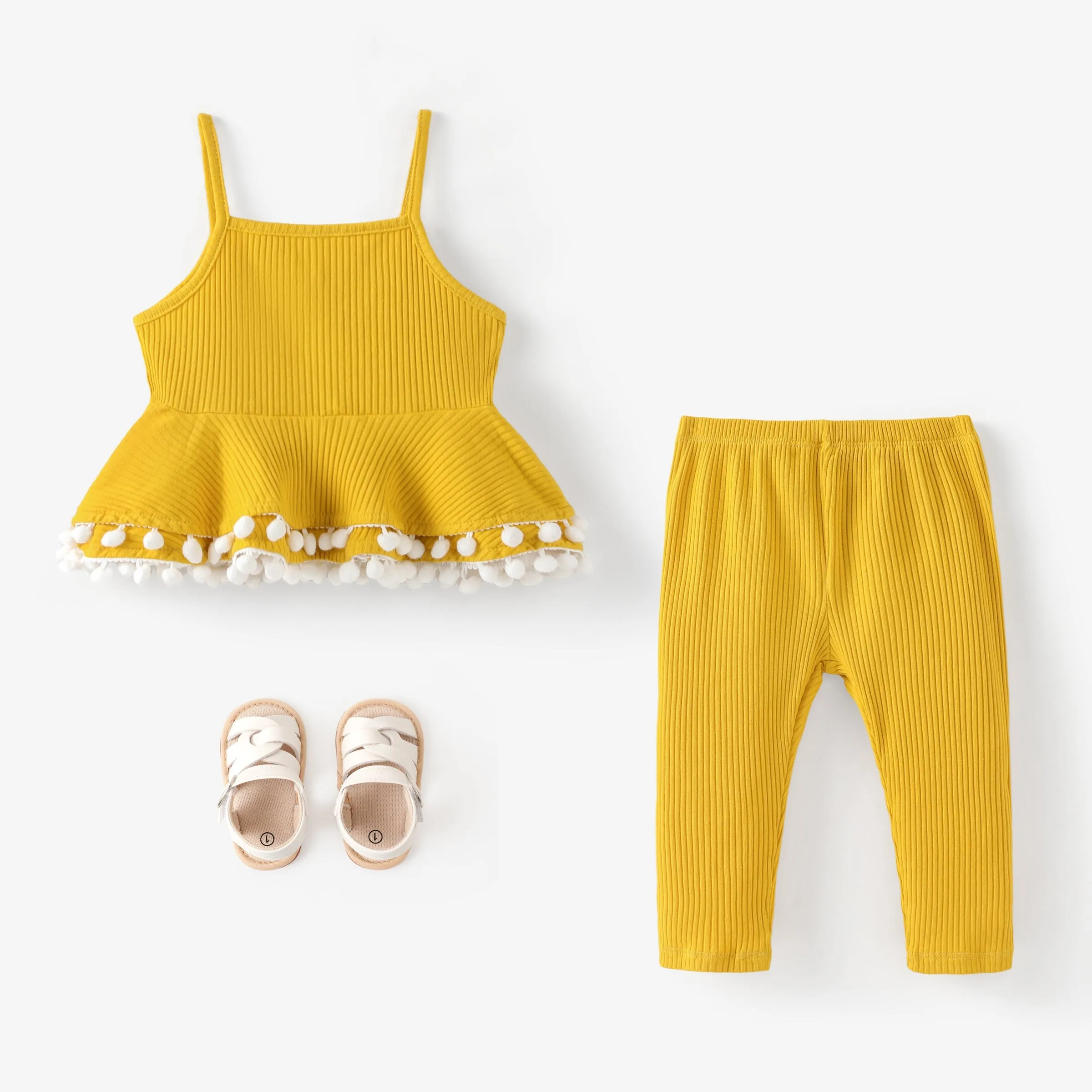 2pcs Baby Girl Solid Cotton Ribbed Layered Ruffle Hem Pom Poms Cami Top & Leggings Set