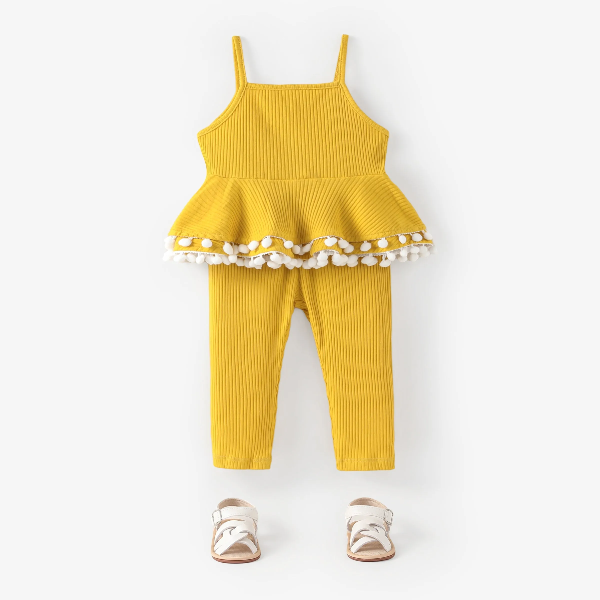 2pcs Baby Girl Solid Cotton Ribbed Layered Ruffle Hem Pom Poms Cami Top & Leggings Set