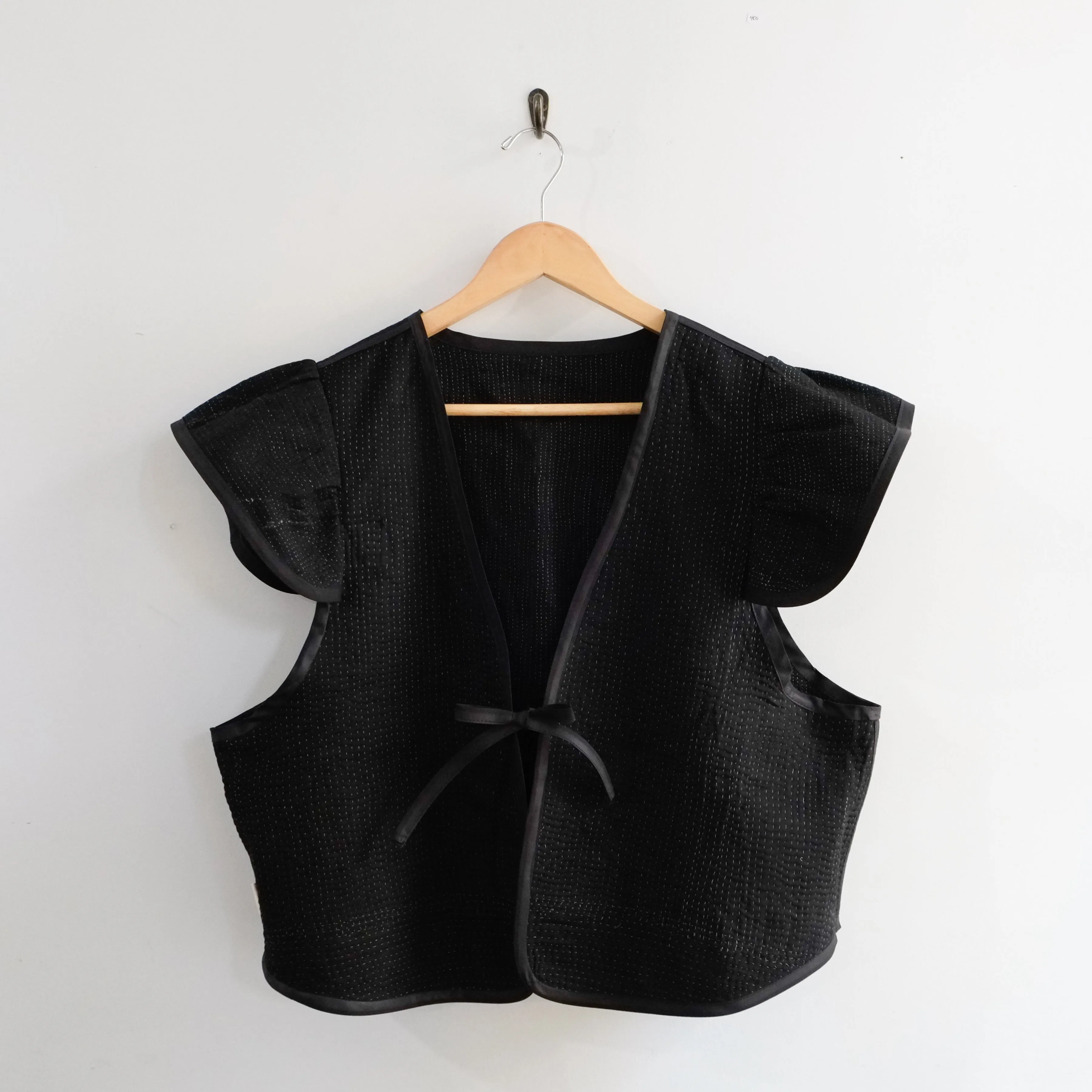 Amelia Flutter Sleeve Vest Black with White Stitching XXL029