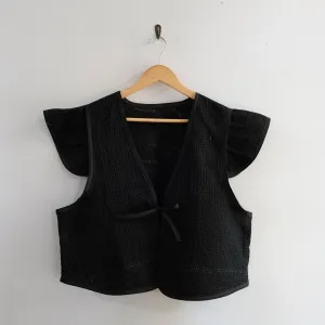 Amelia Flutter Sleeve Vest Black with White Stitching XXL029