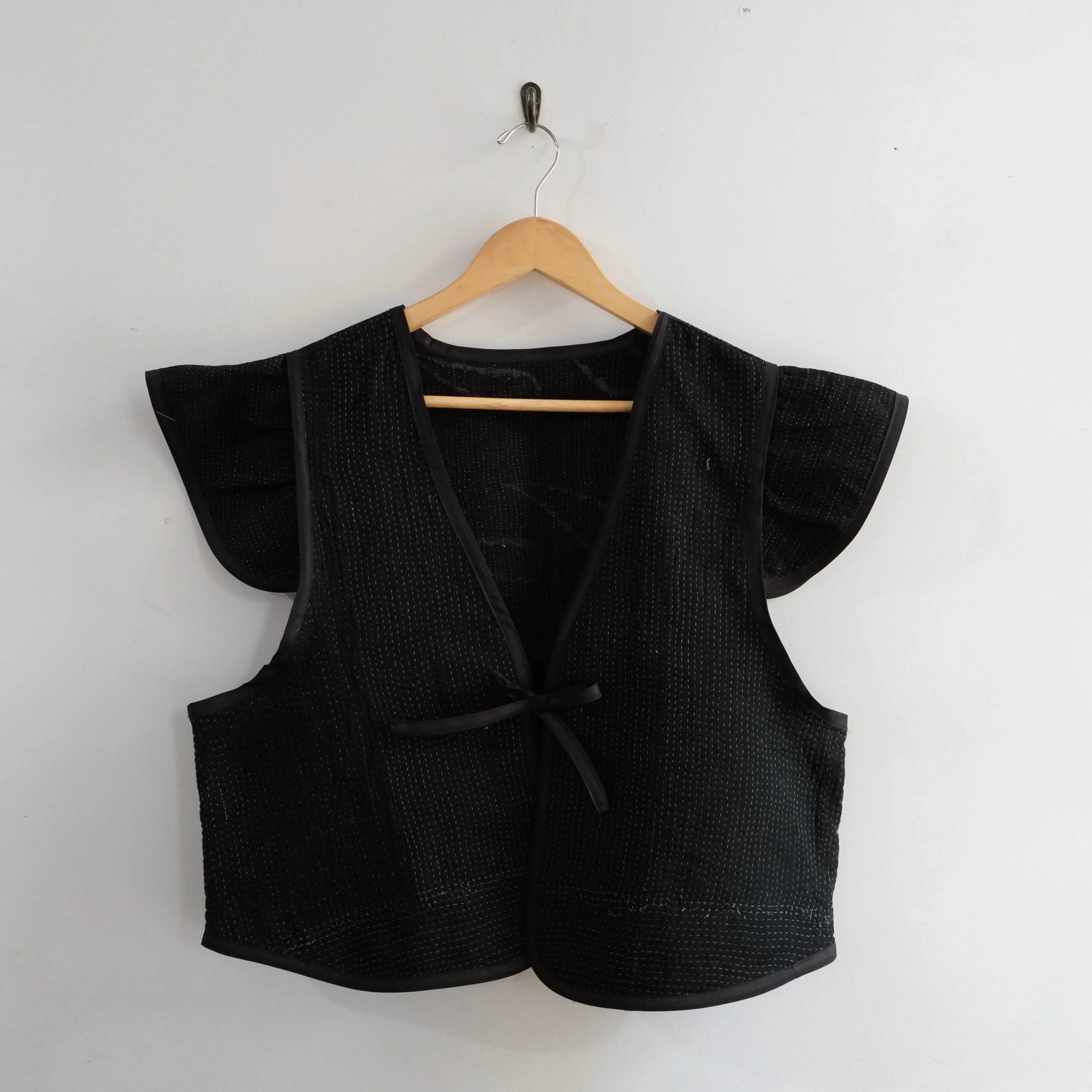 Amelia Flutter Sleeve Vest Black with White Stitching XXL029