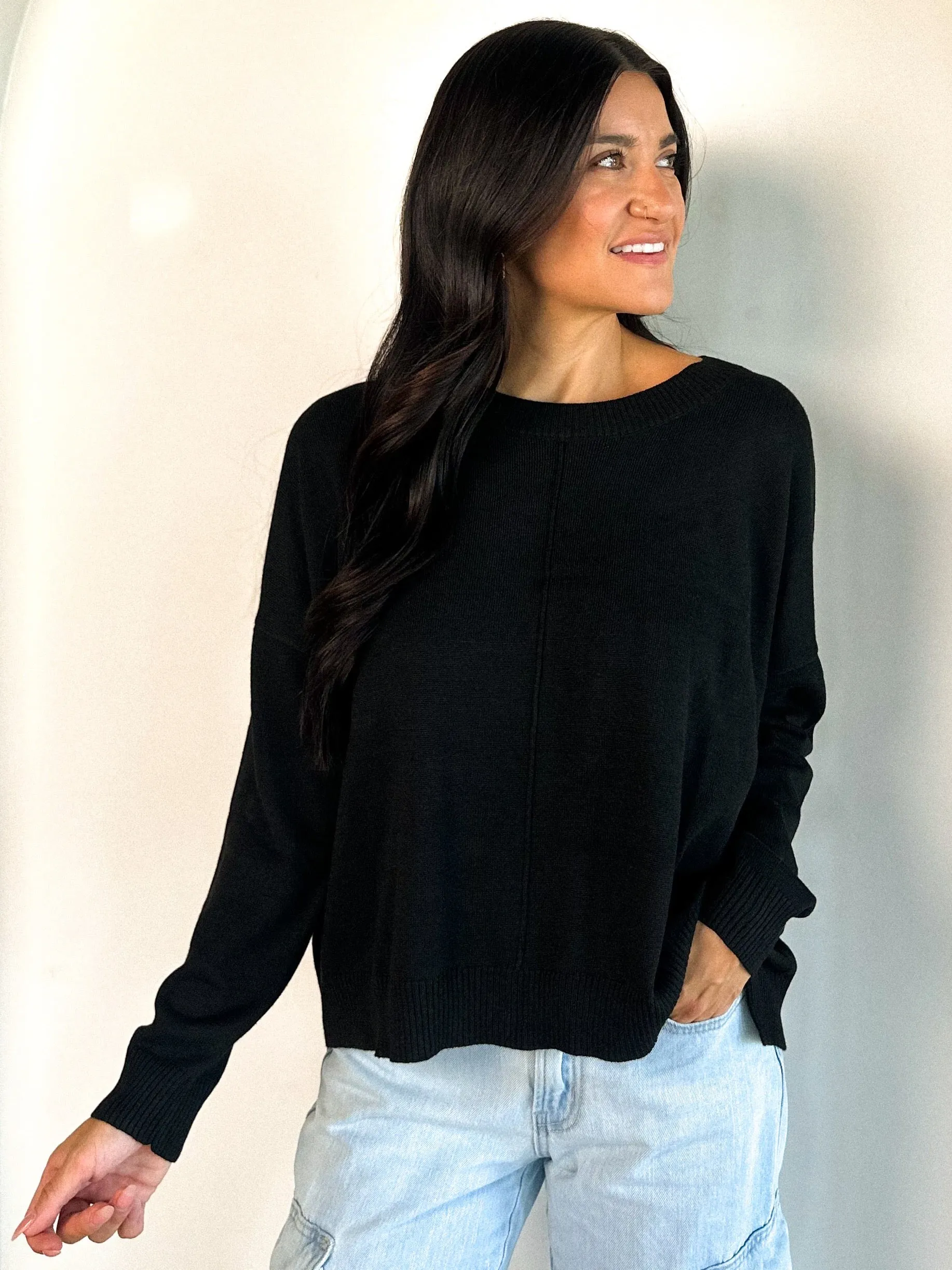 Basic Pullover Crewneck Sweater - Black