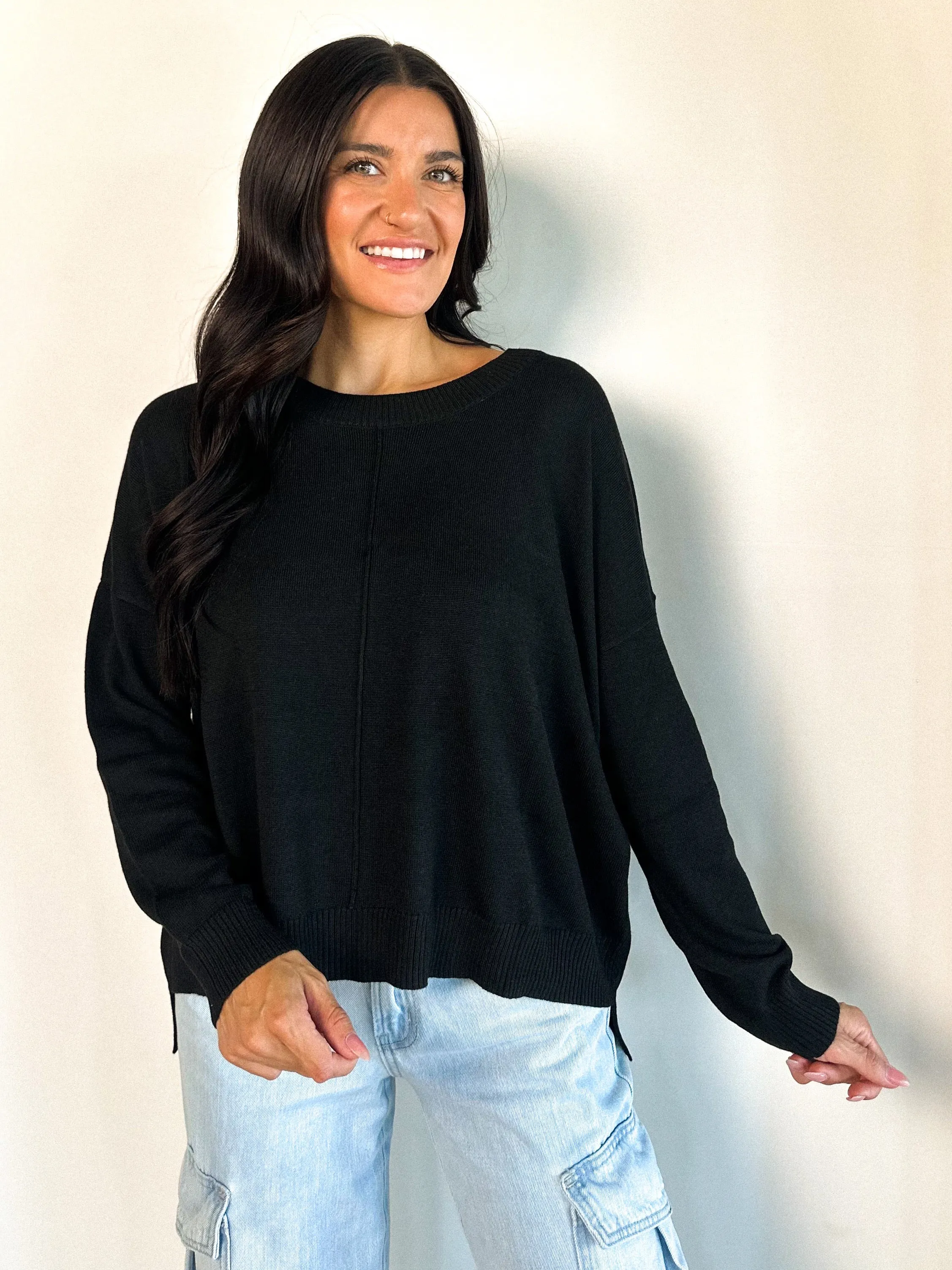 Basic Pullover Crewneck Sweater - Black