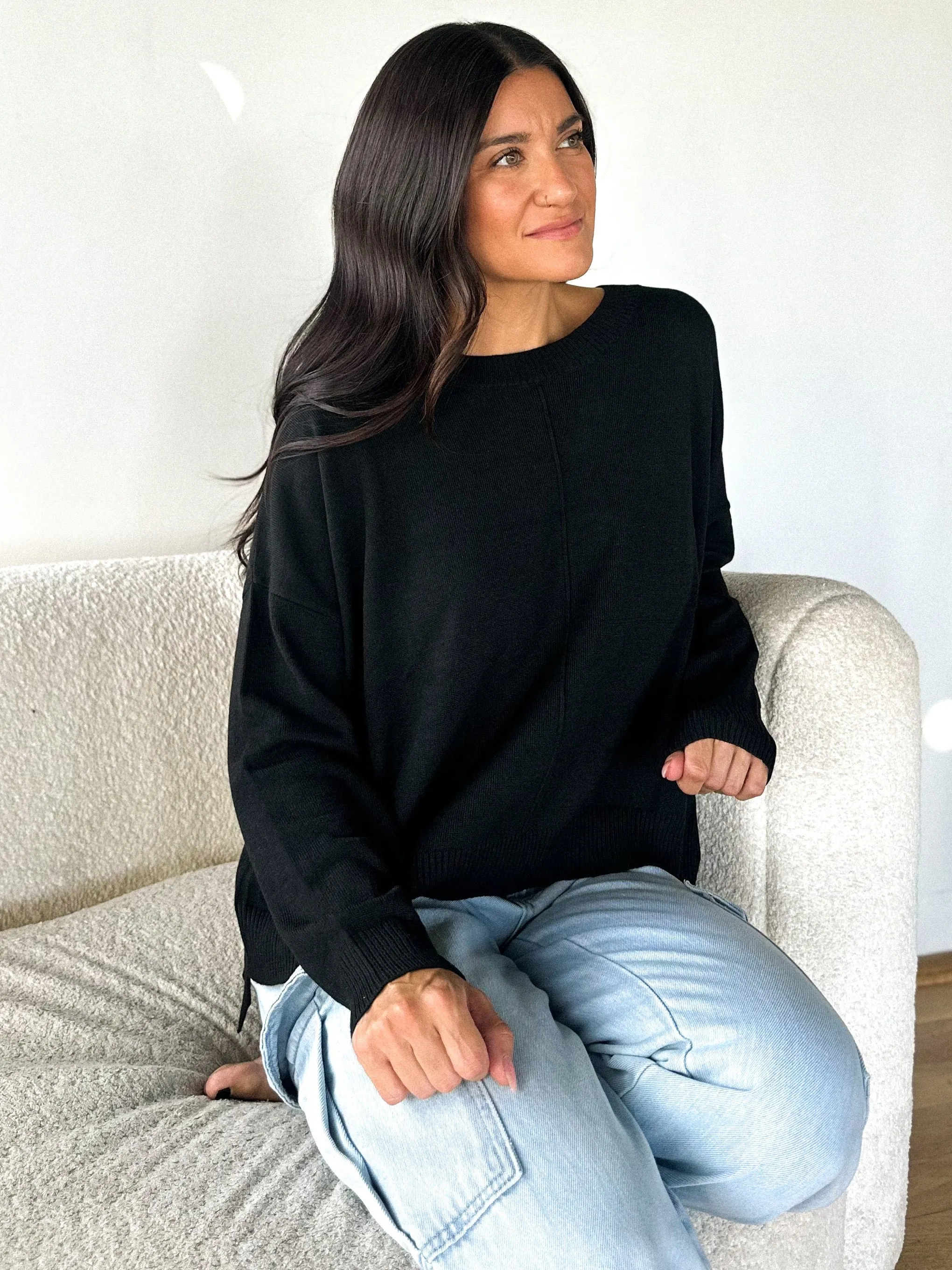 Basic Pullover Crewneck Sweater - Black