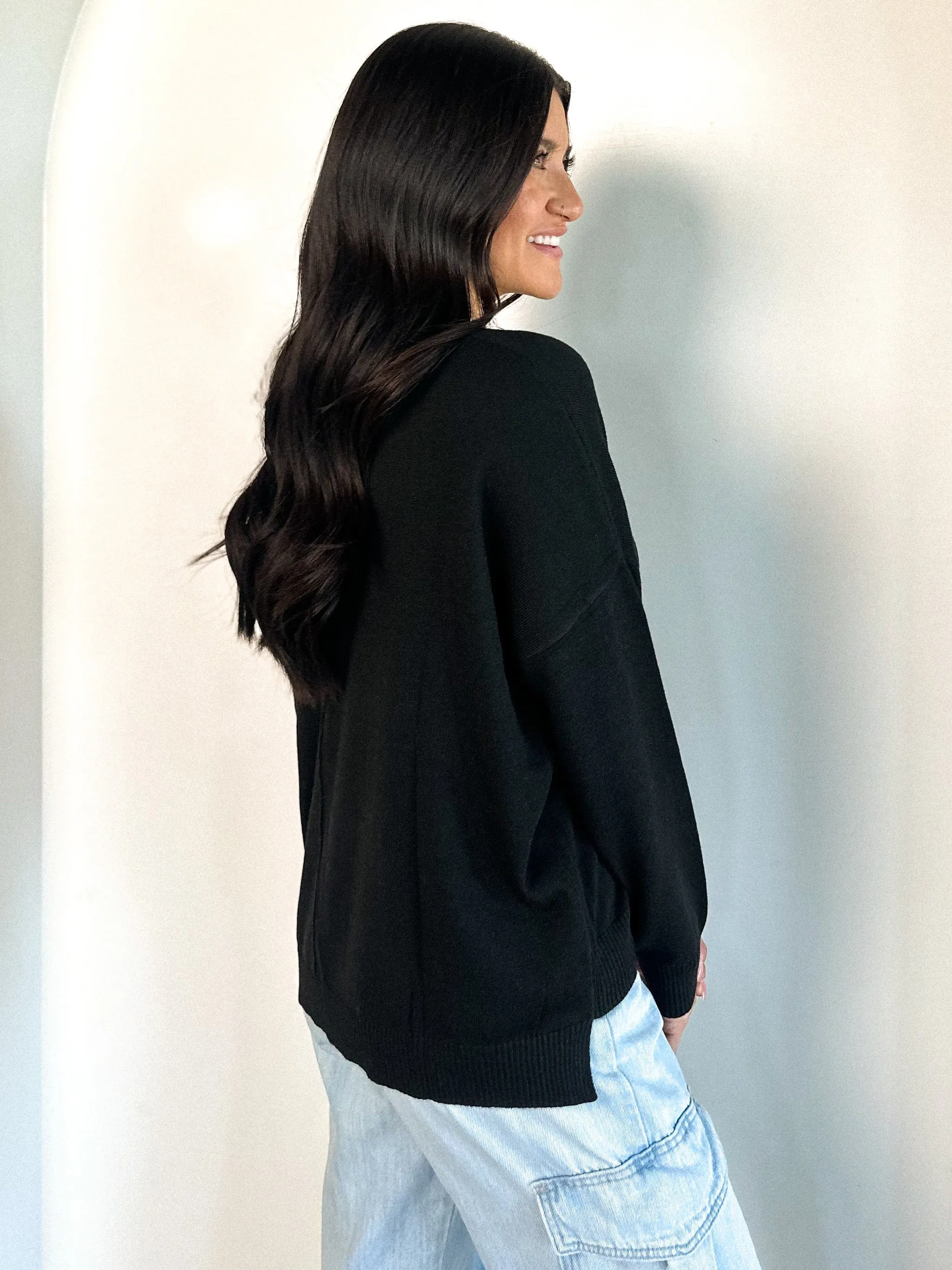 Basic Pullover Crewneck Sweater - Black