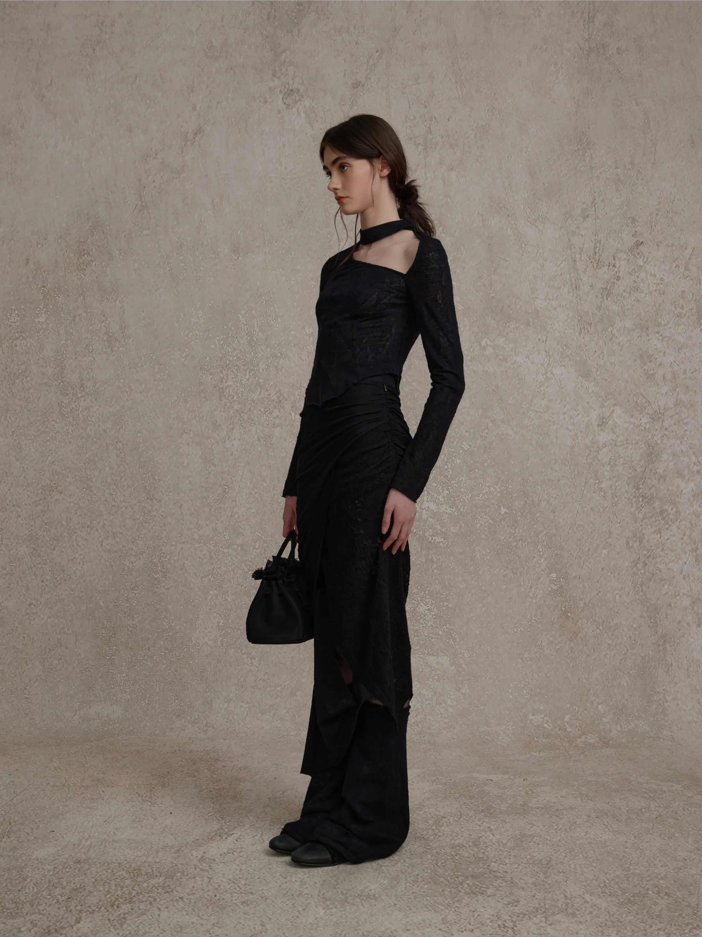 Black Irregular Knitted Ripped Skirt