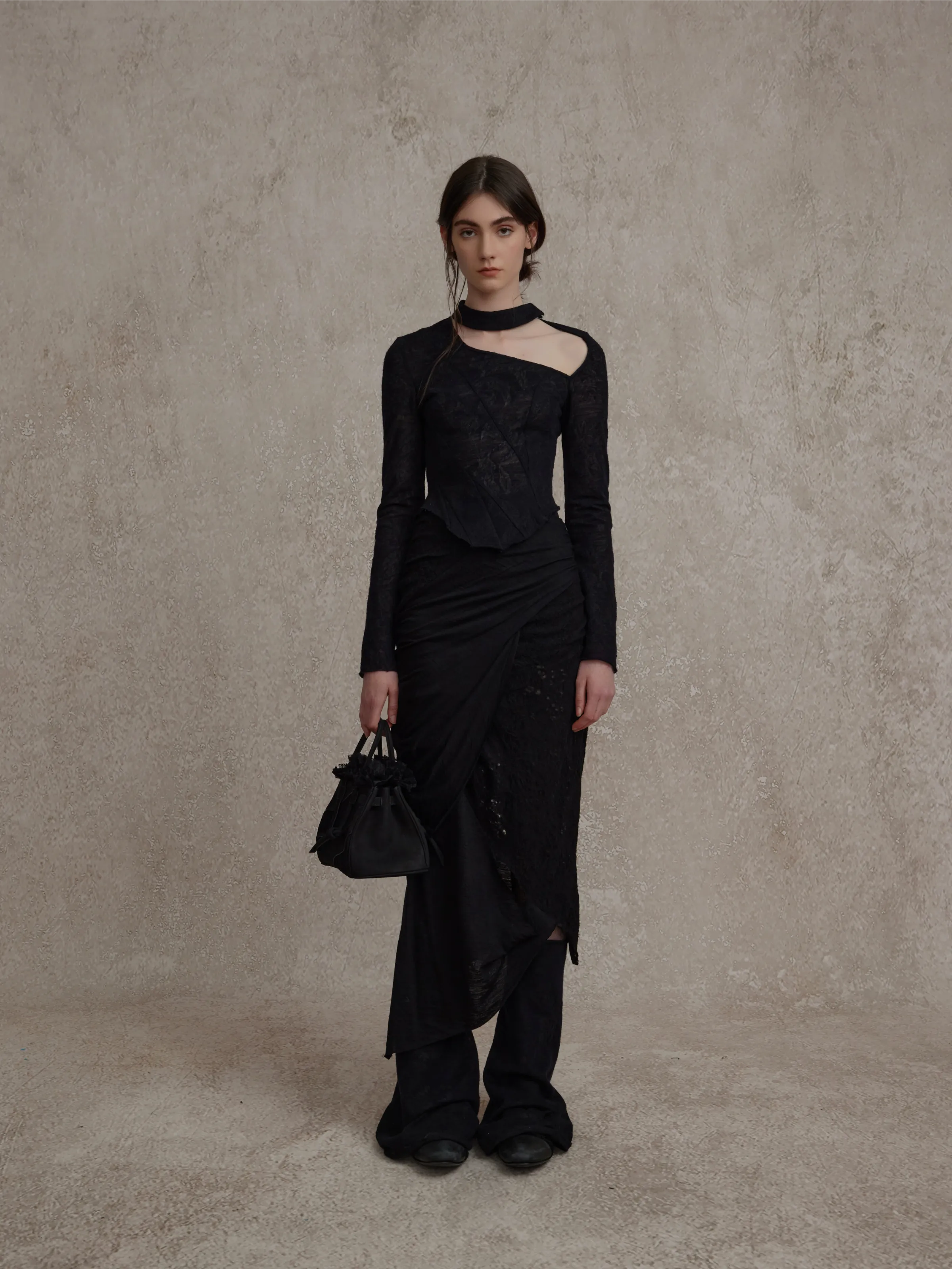 Black Irregular Knitted Ripped Skirt