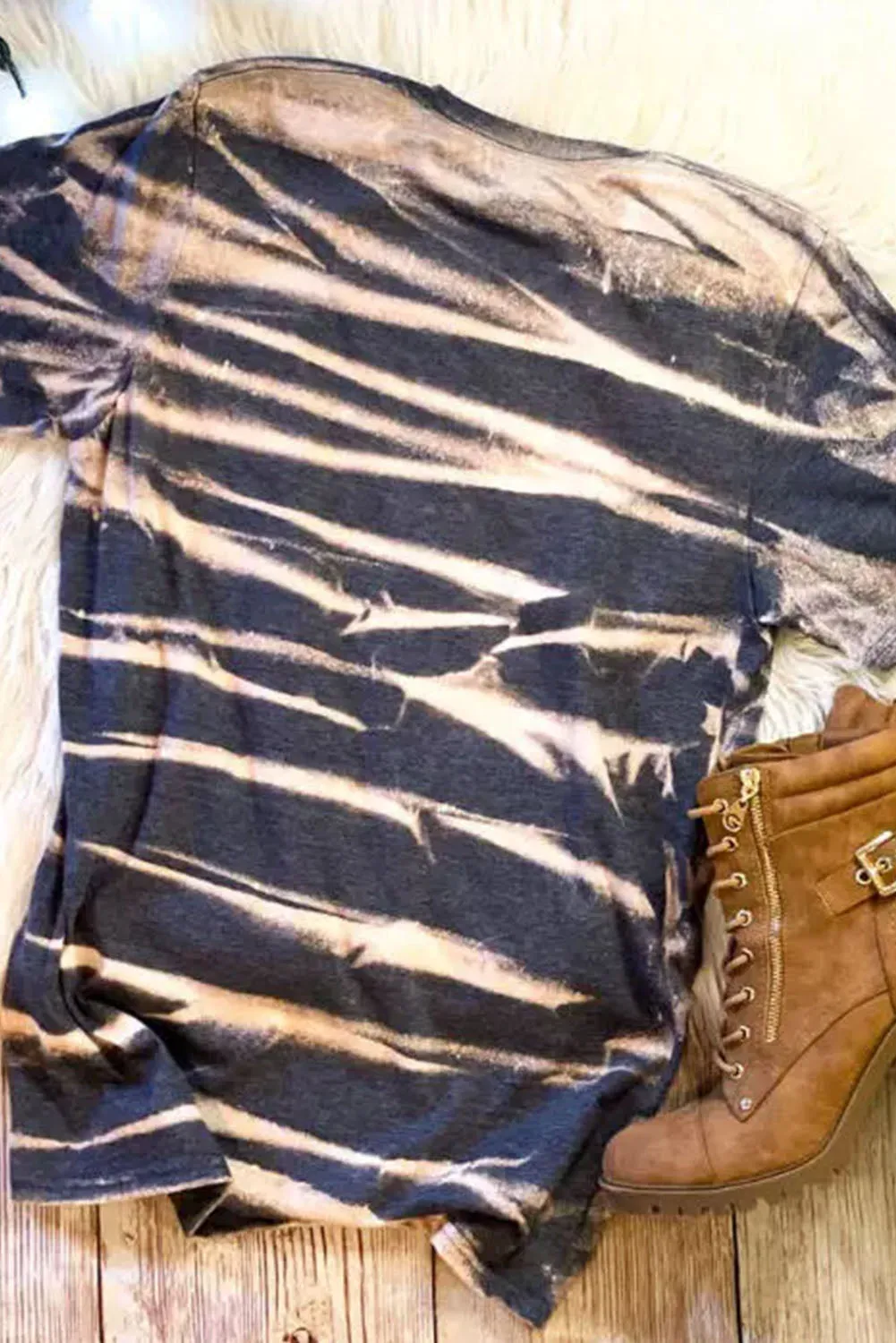 Blue Tie Dye Bleached Stripe Round Neck T-Shirt