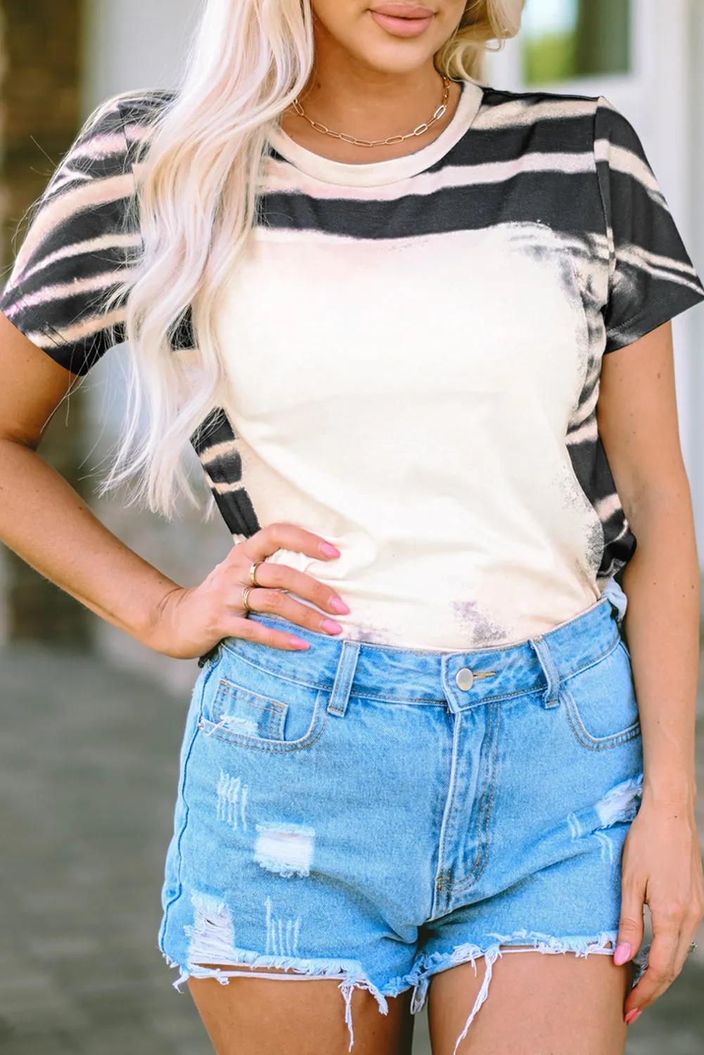 Blue Tie Dye Bleached Stripe Round Neck T-Shirt