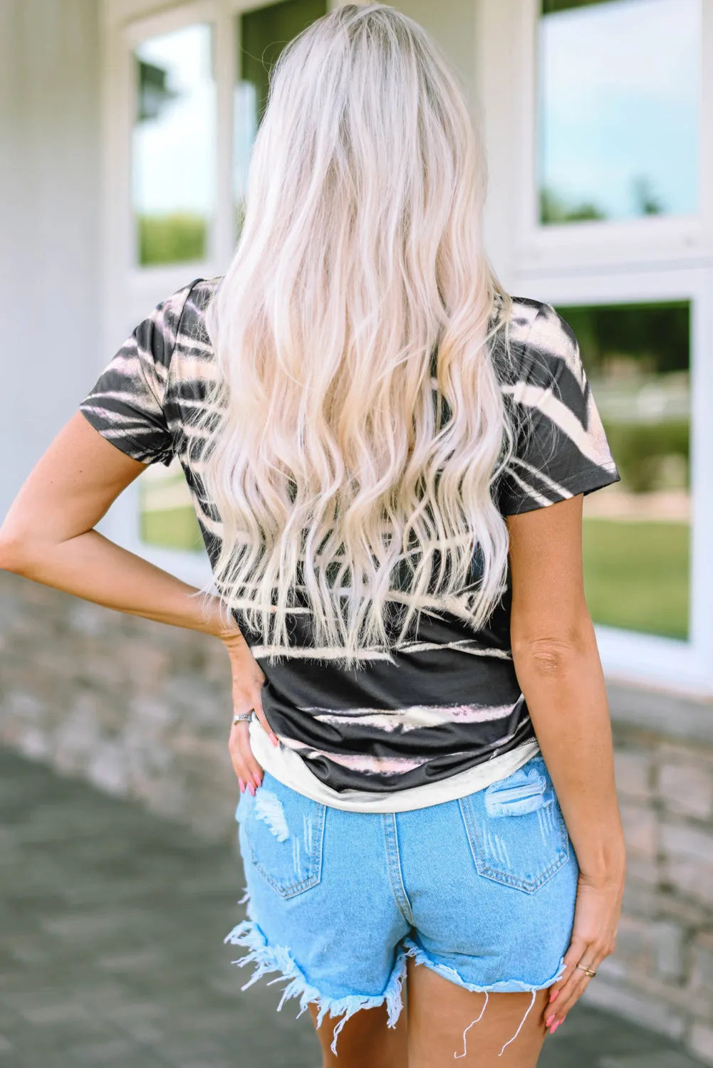 Blue Tie Dye Bleached Stripe Round Neck T-Shirt