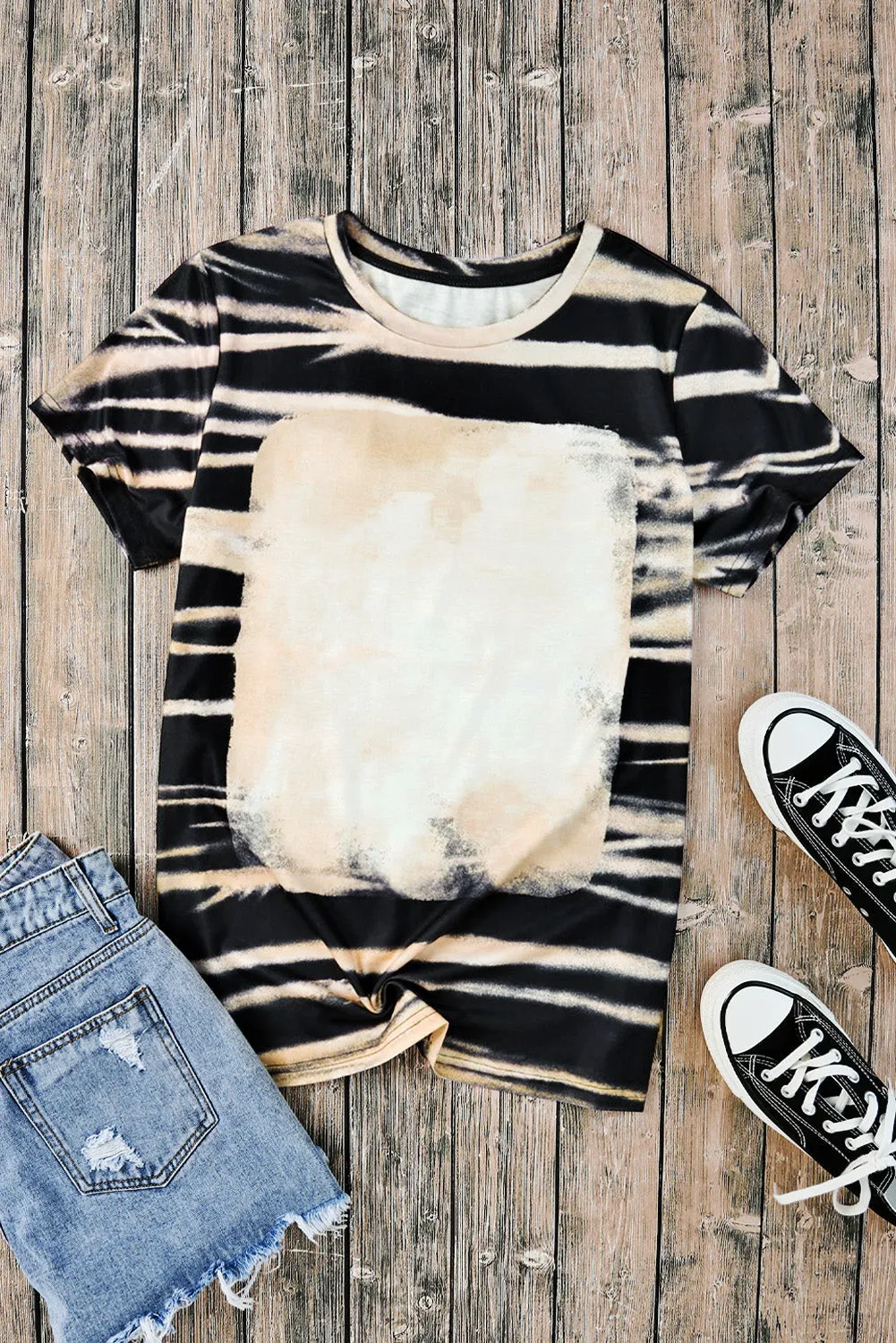Blue Tie Dye Bleached Stripe Round Neck T-Shirt