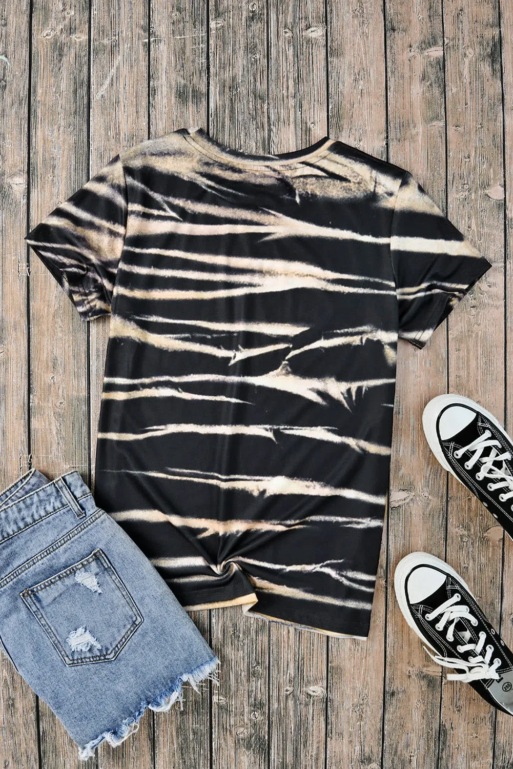 Blue Tie Dye Bleached Stripe Round Neck T-Shirt