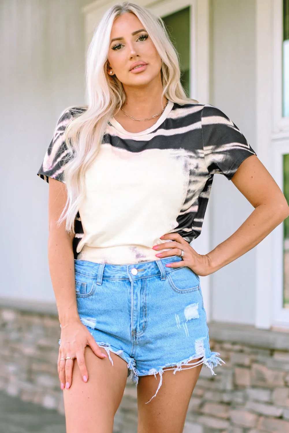 Blue Tie Dye Bleached Stripe Round Neck T-Shirt