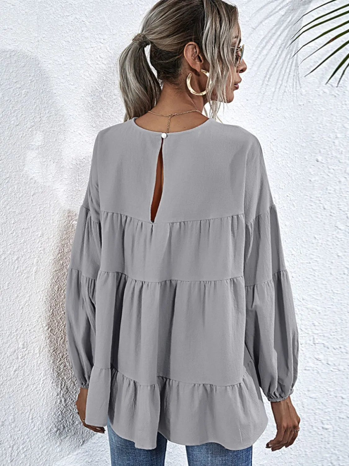 Bohemian Round Neck Dropped Shoulder Tiered Blouse