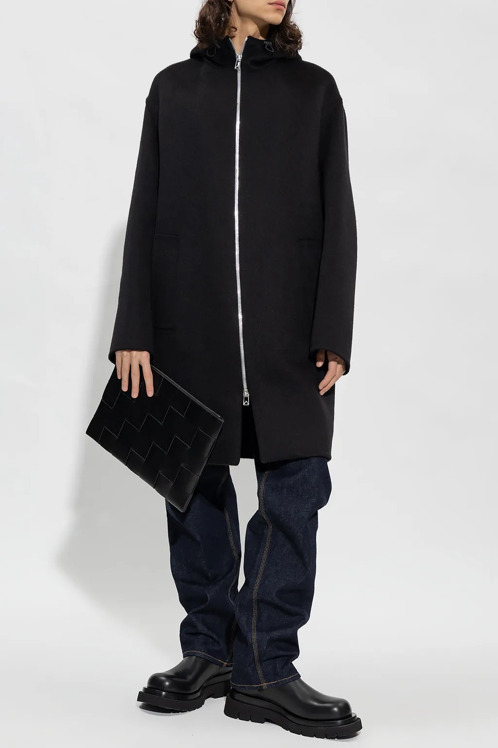 Bottega Veneta New Men's Wool Zip Up Coat In Black With Hood
