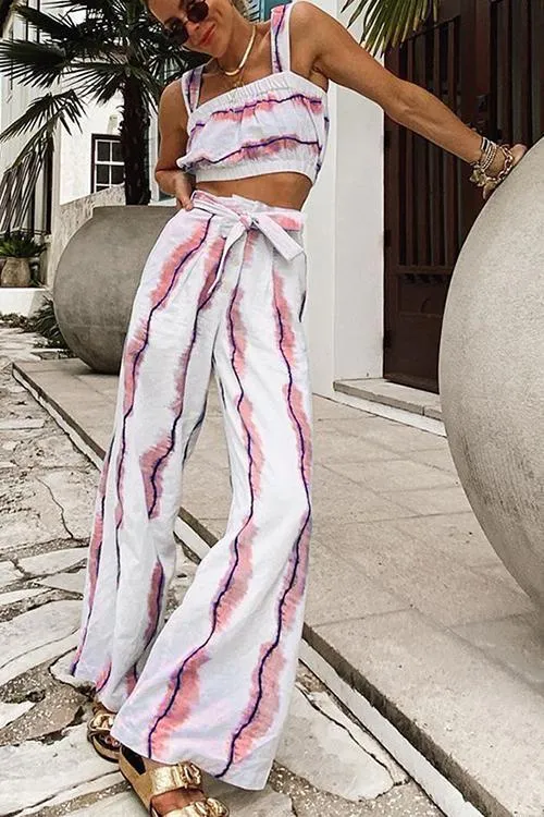 Colorful Stripe Tie Waist Crop Pants Set