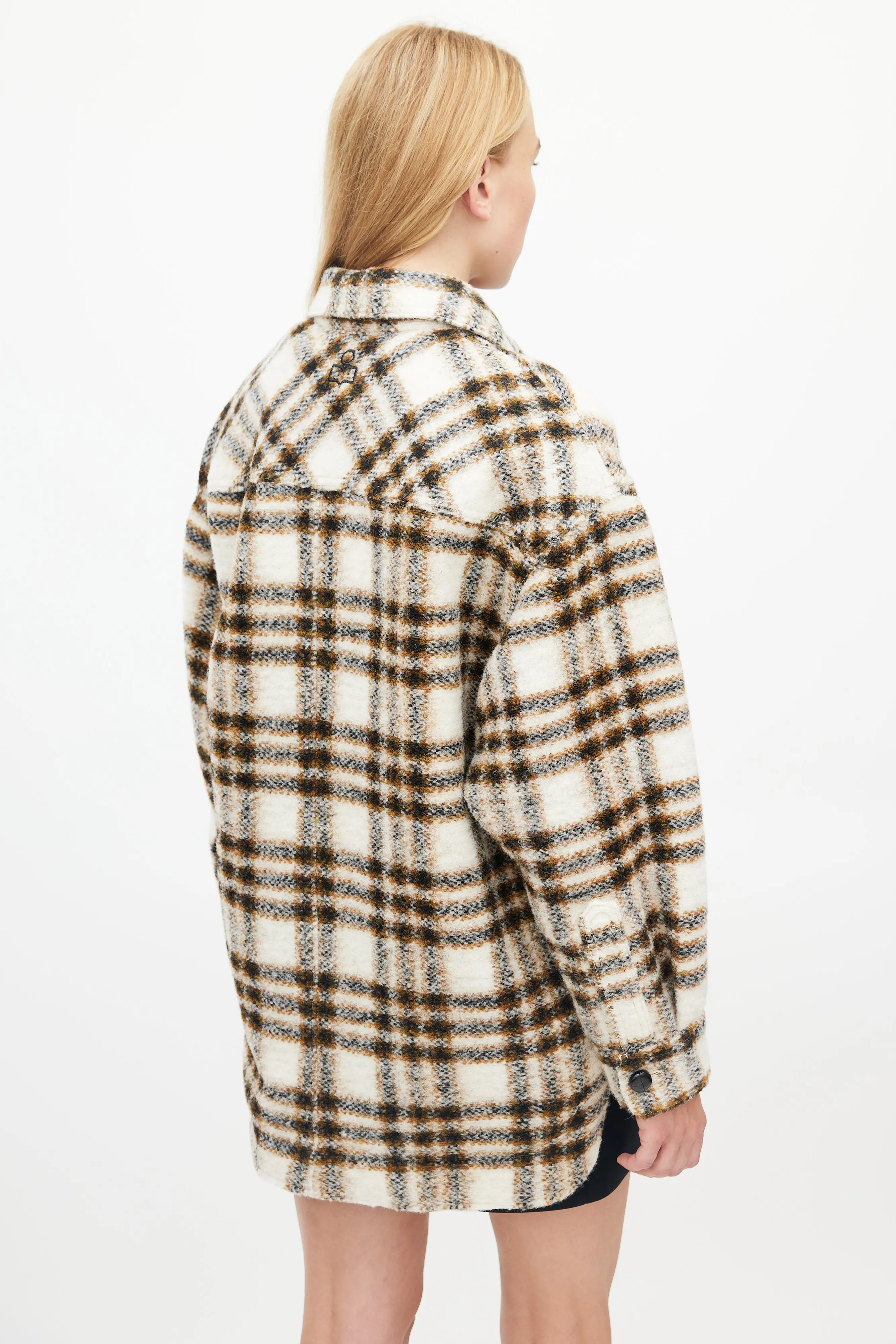 Cream & Brown Plaid Wool Harveli Jacket