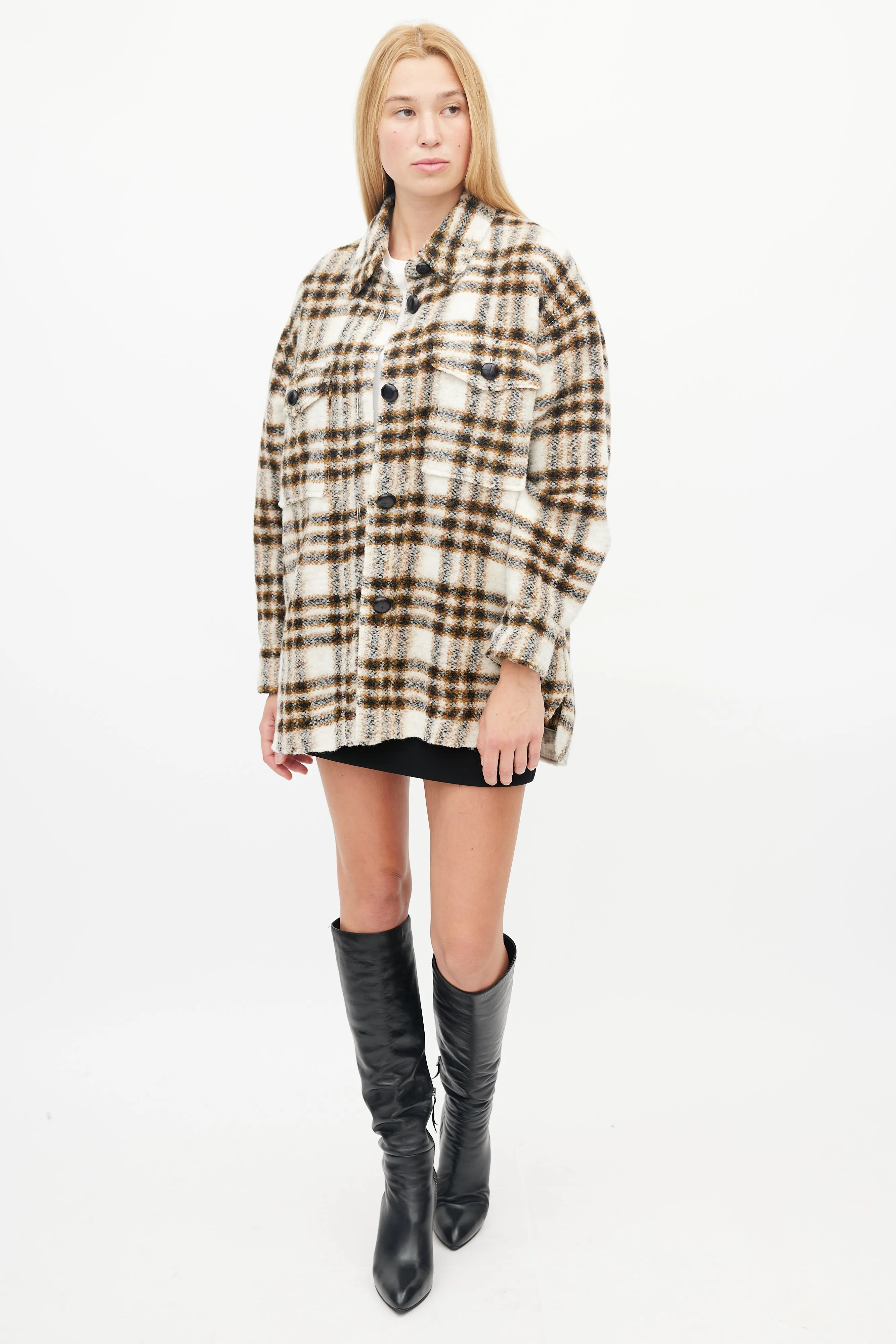 Cream & Brown Plaid Wool Harveli Jacket