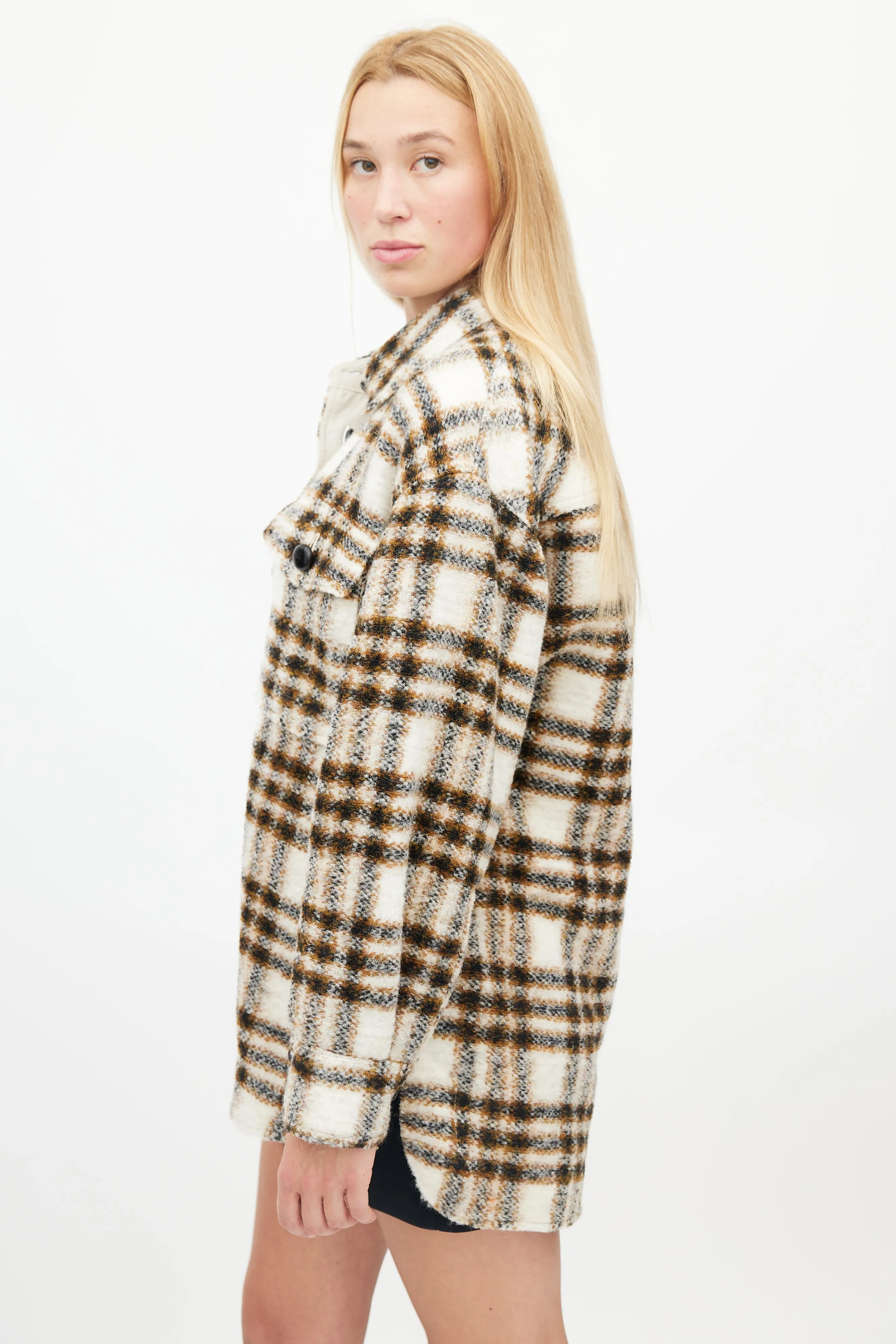 Cream & Brown Plaid Wool Harveli Jacket