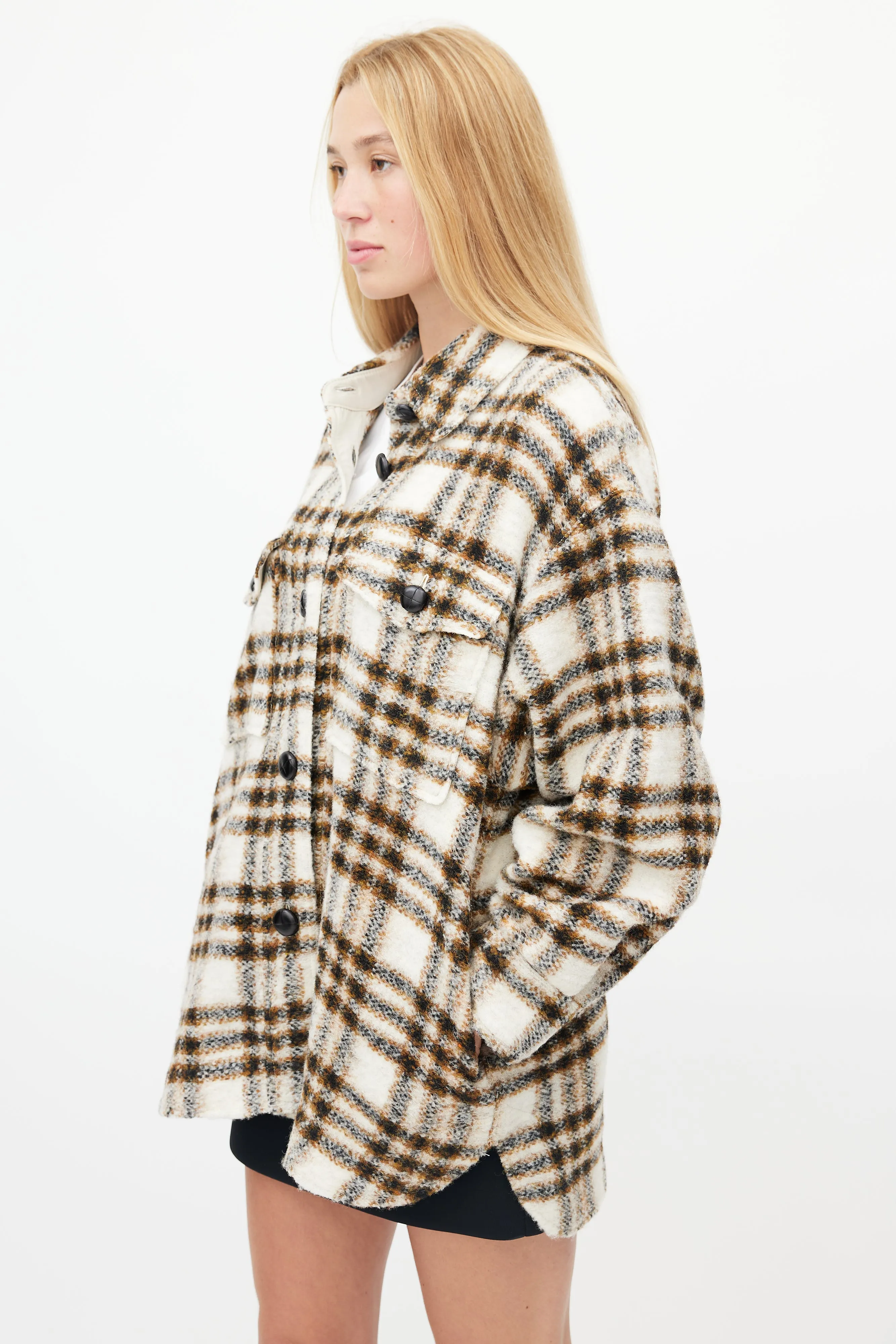 Cream & Brown Plaid Wool Harveli Jacket