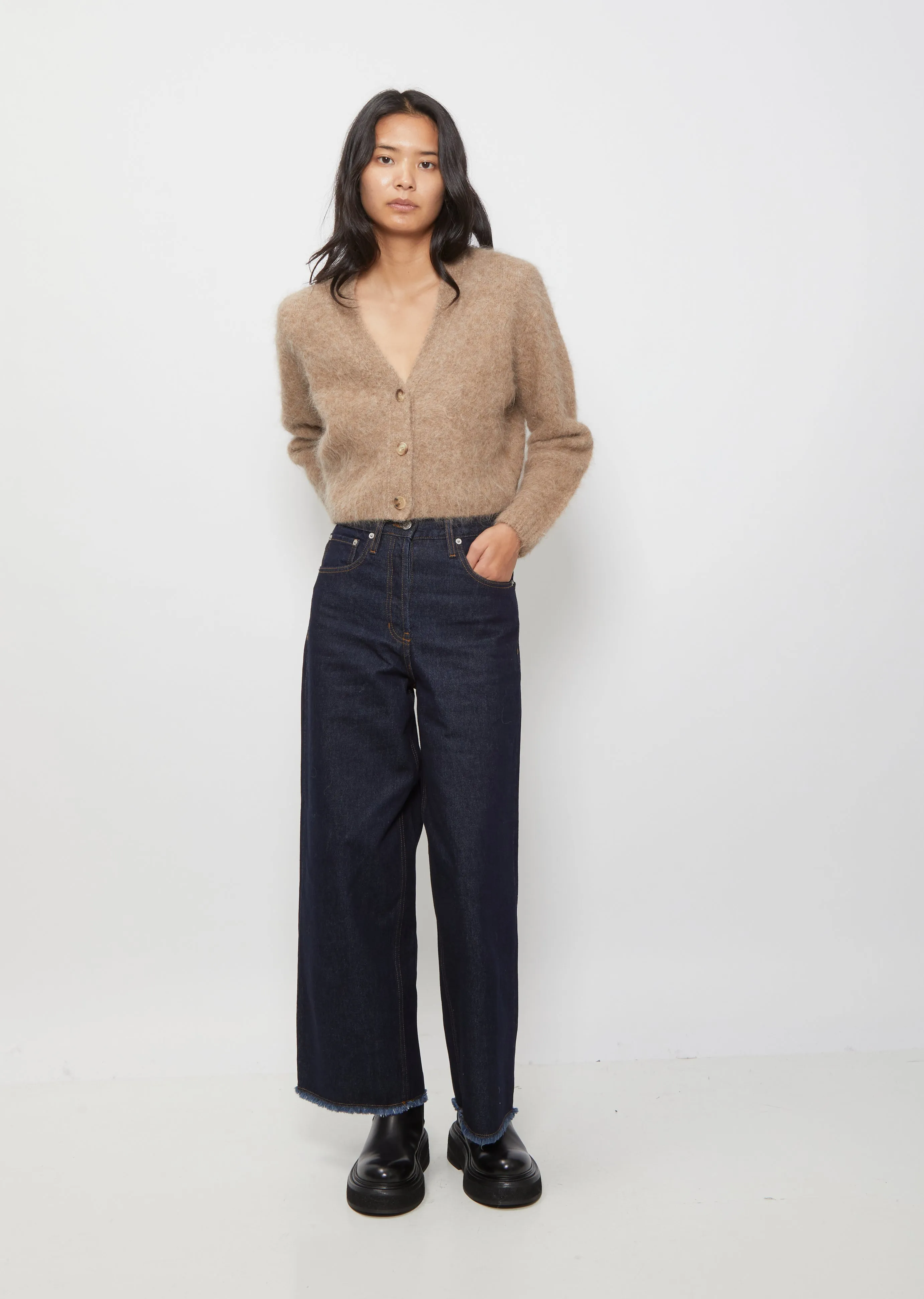 Cropped V-Neck Cardigan — Brown