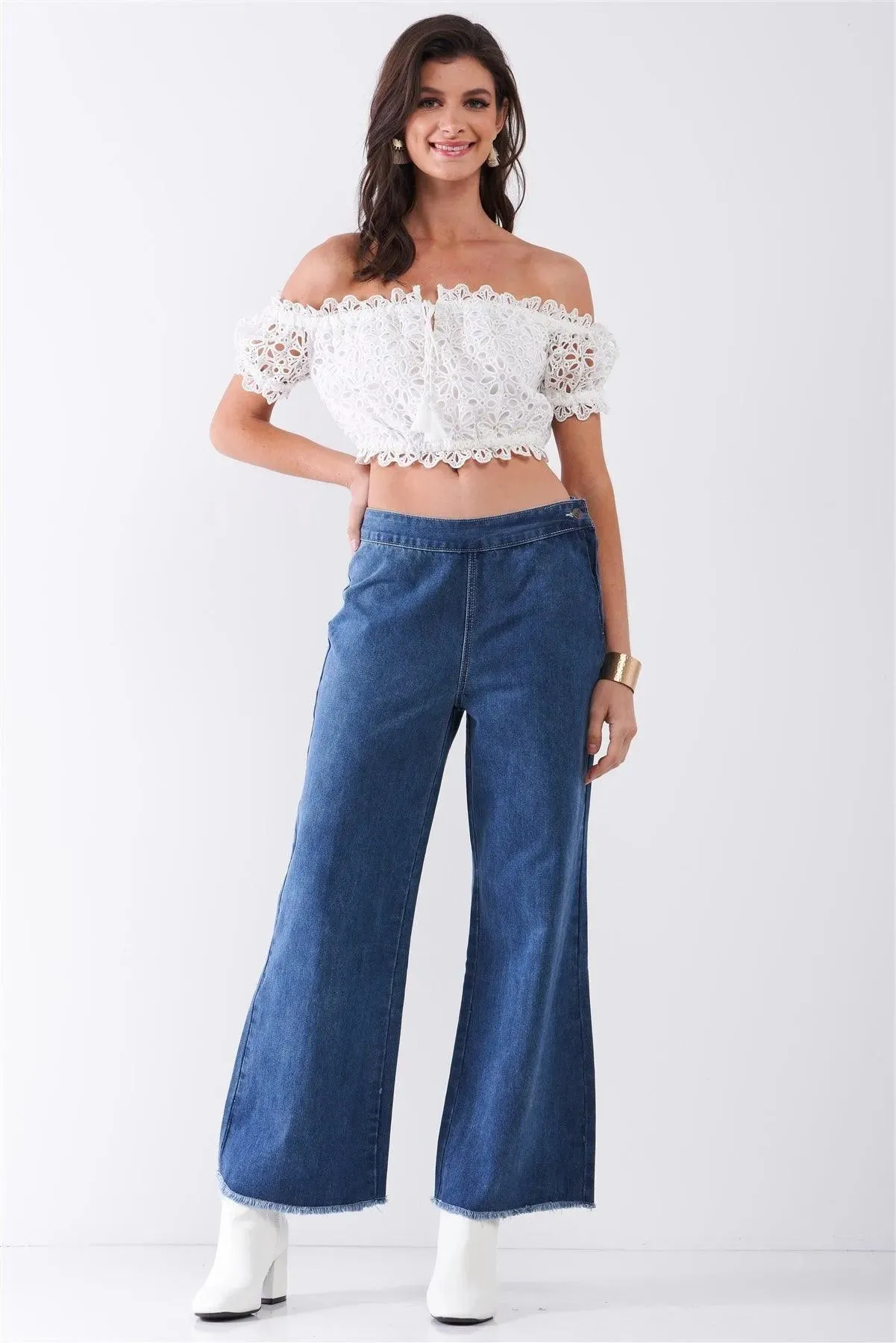 Dark Blue Denim Low-Rise Raw Hem Detail Side Zip-Up Basic Flare Jean Pants /1-1-2-2-1-1