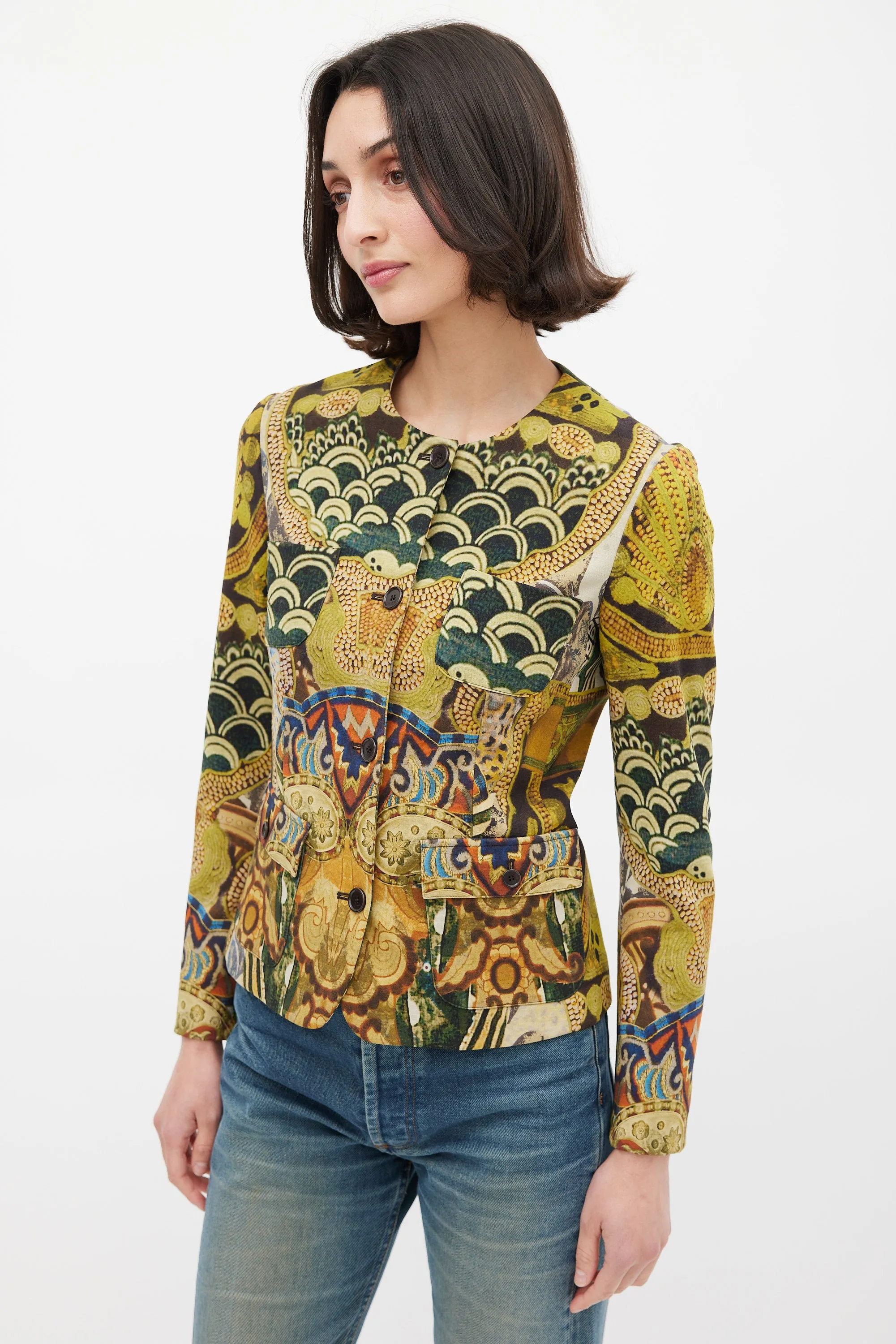 Green & Multicolour Wool Printed Jacket