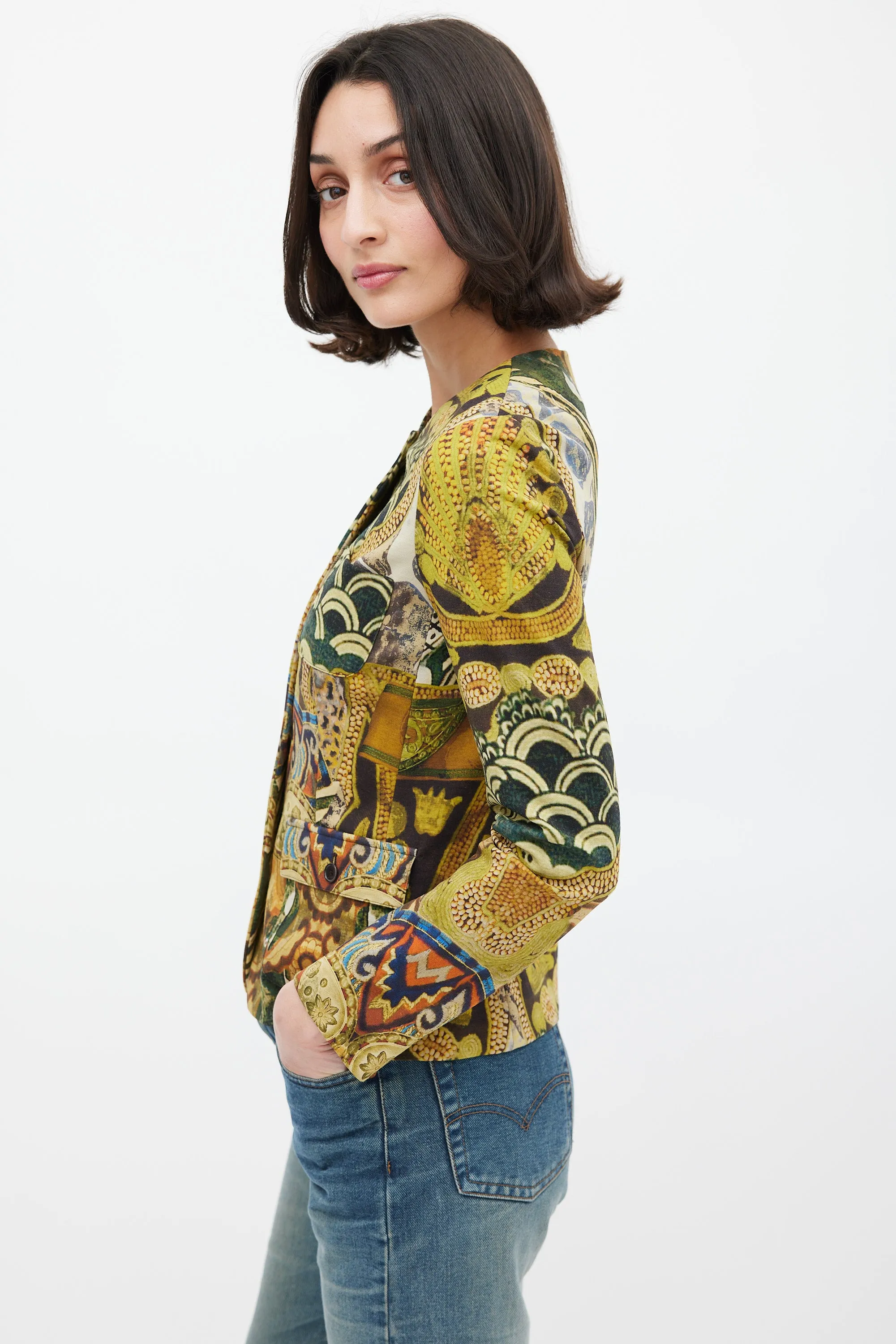 Green & Multicolour Wool Printed Jacket