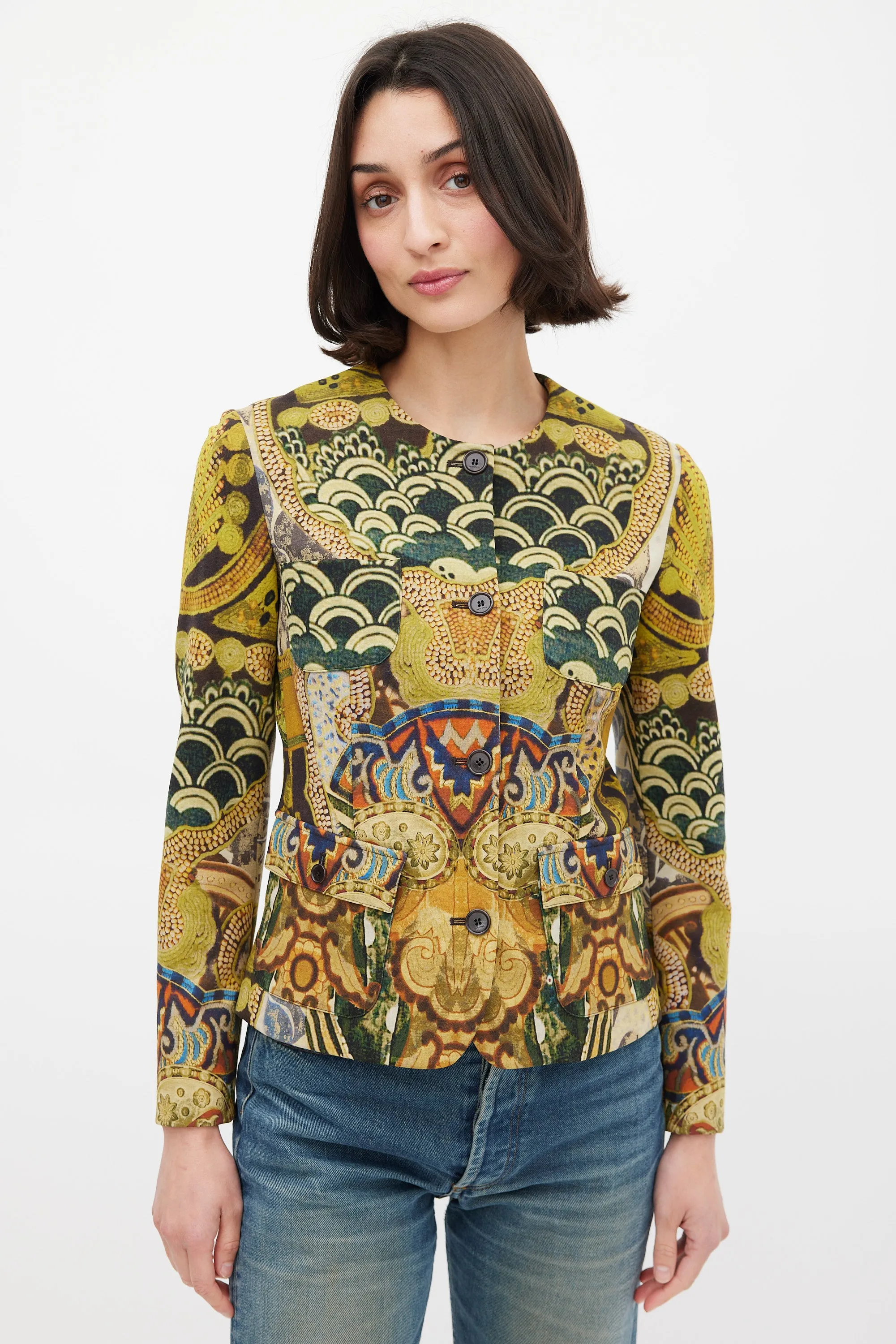 Green & Multicolour Wool Printed Jacket