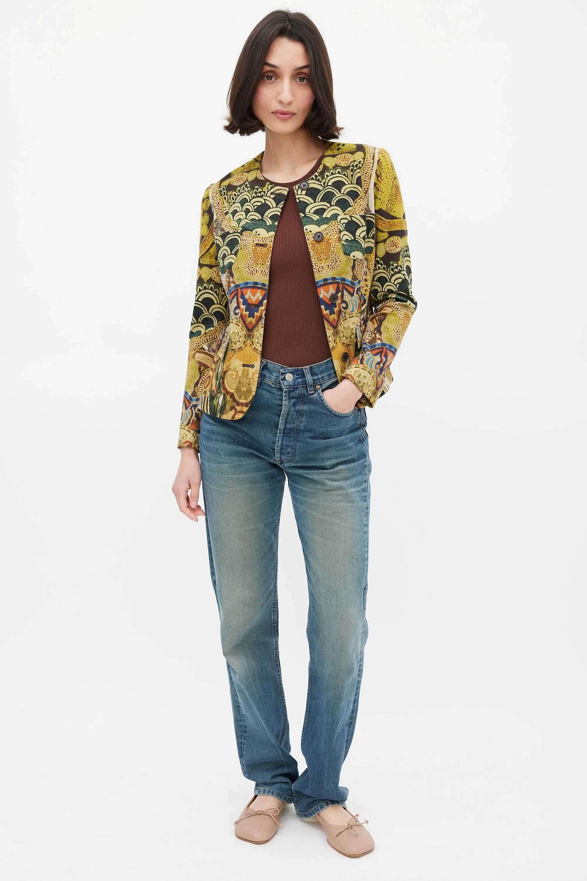 Green & Multicolour Wool Printed Jacket