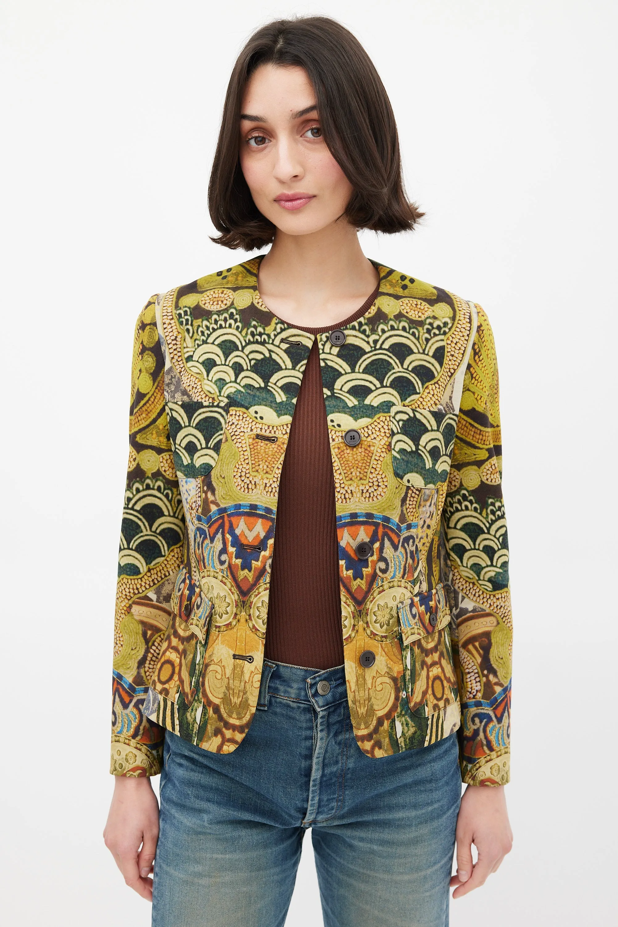 Green & Multicolour Wool Printed Jacket