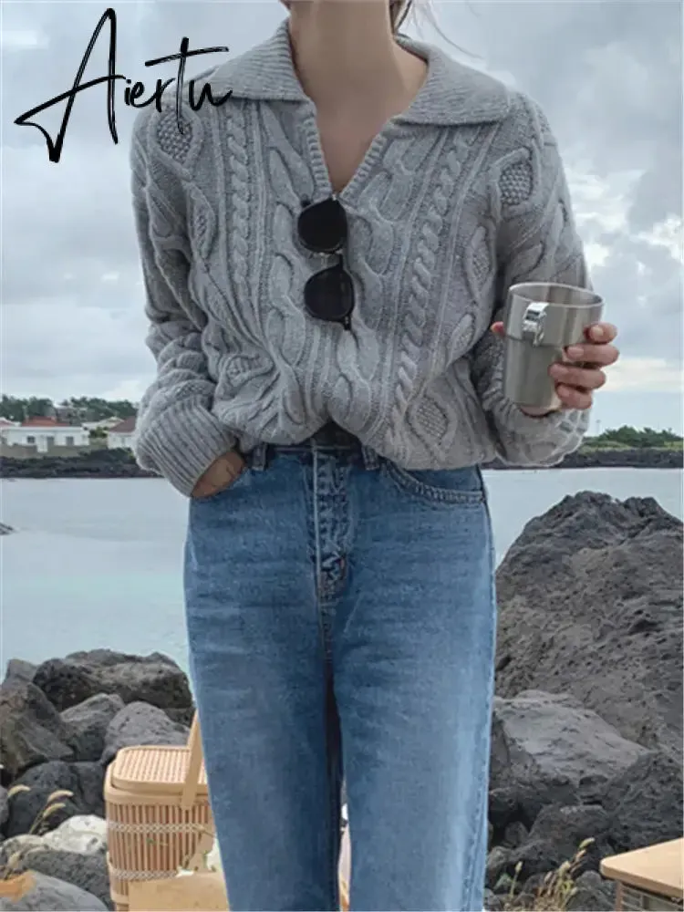 Kitty Retro Women Sweater Pullovers Knitted Casual Solid Autumn Turn-down Collar Feminine Loose All Match Soft Sweet Tops