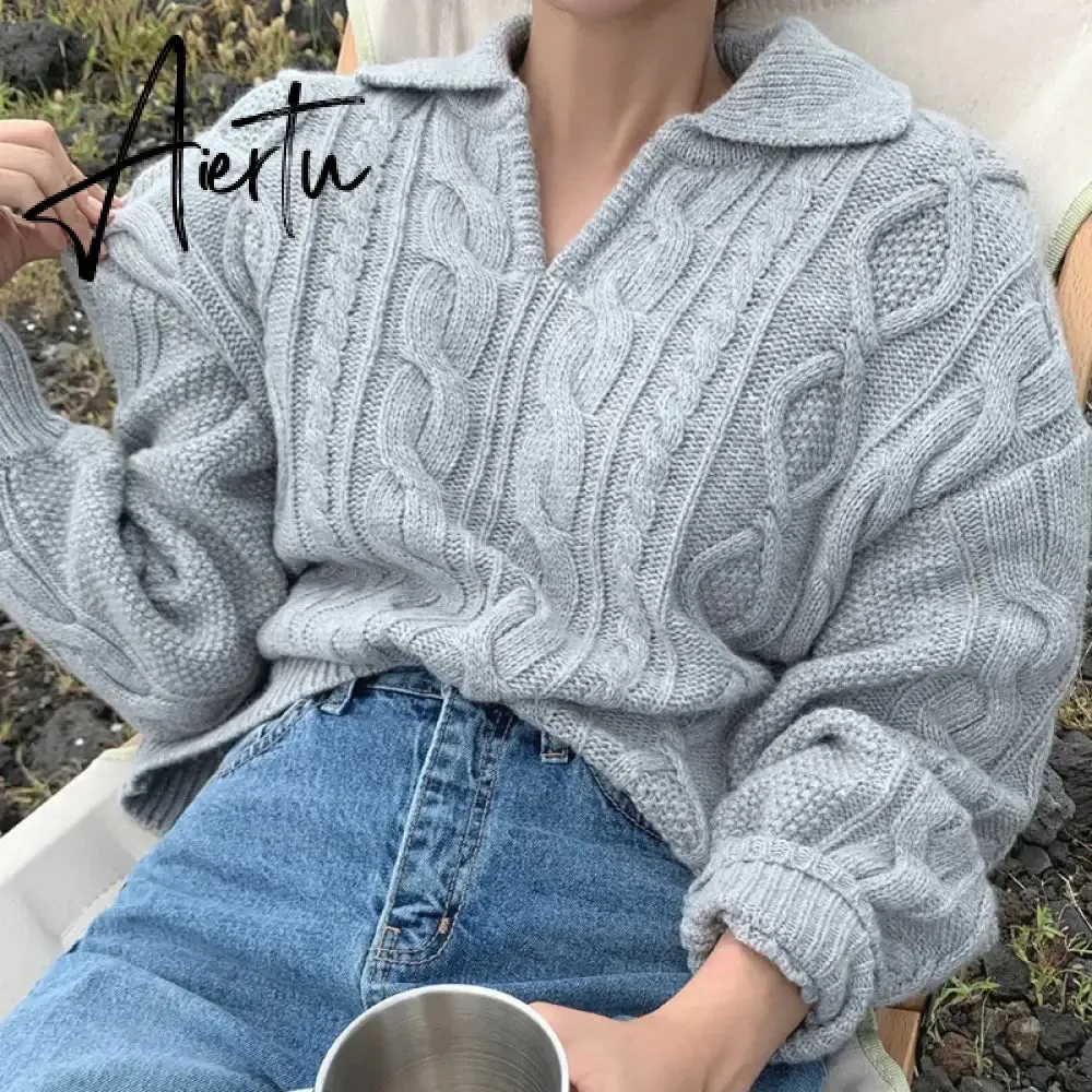 Kitty Retro Women Sweater Pullovers Knitted Casual Solid Autumn Turn-down Collar Feminine Loose All Match Soft Sweet Tops
