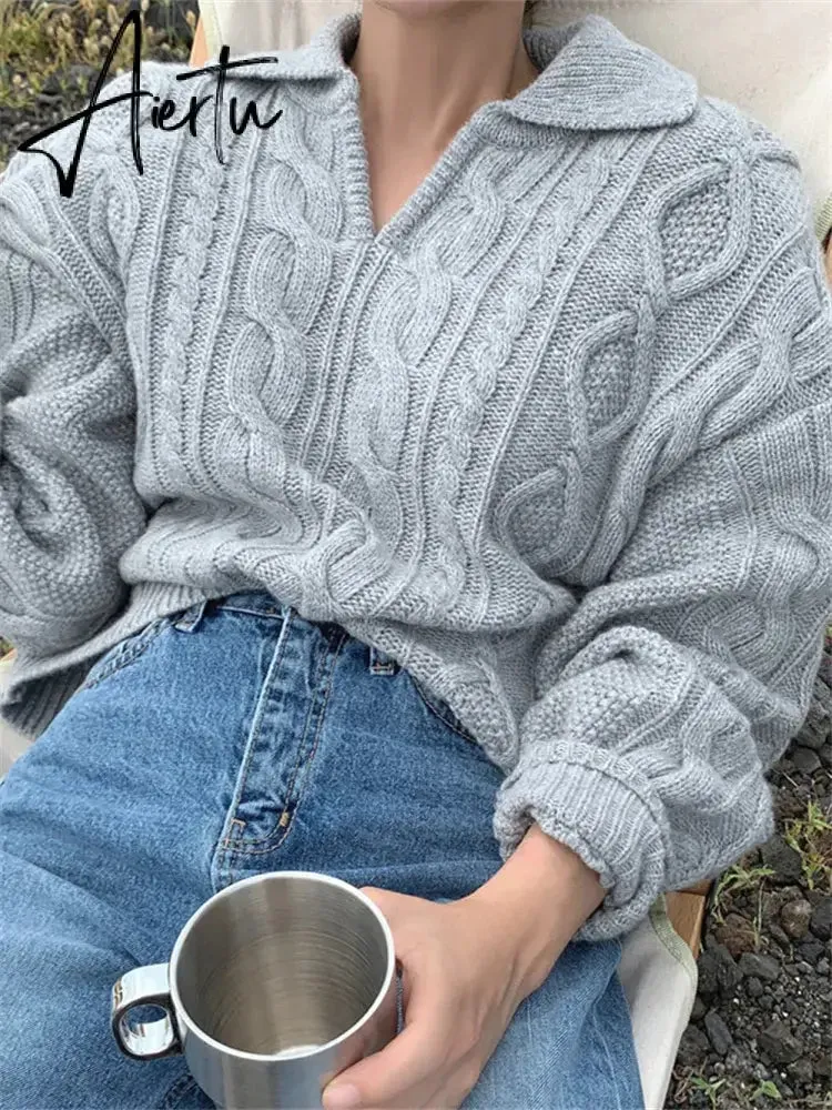 Kitty Retro Women Sweater Pullovers Knitted Casual Solid Autumn Turn-down Collar Feminine Loose All Match Soft Sweet Tops