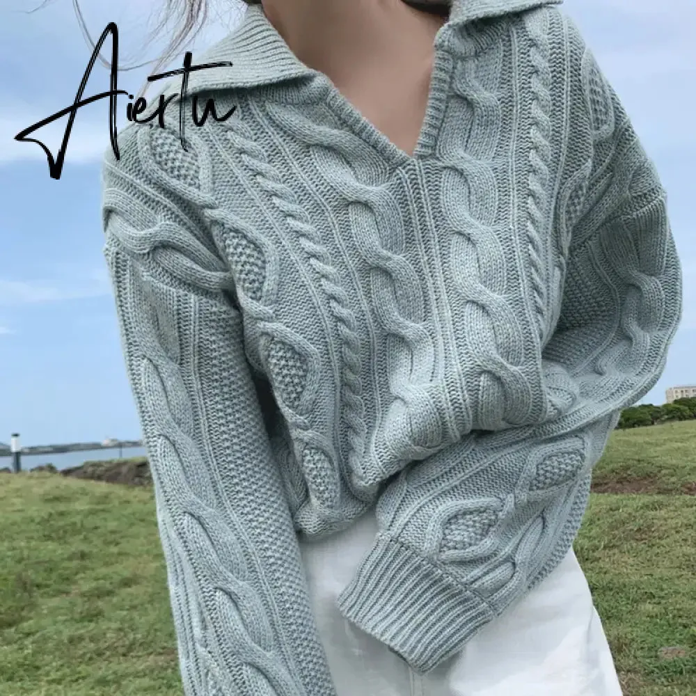 Kitty Retro Women Sweater Pullovers Knitted Casual Solid Autumn Turn-down Collar Feminine Loose All Match Soft Sweet Tops