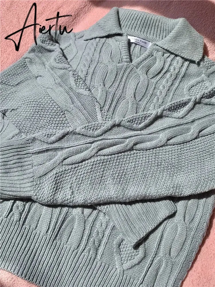 Kitty Retro Women Sweater Pullovers Knitted Casual Solid Autumn Turn-down Collar Feminine Loose All Match Soft Sweet Tops