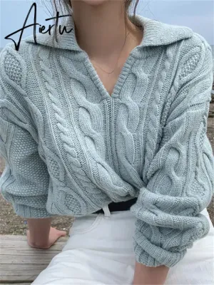 Kitty Retro Women Sweater Pullovers Knitted Casual Solid Autumn Turn-down Collar Feminine Loose All Match Soft Sweet Tops