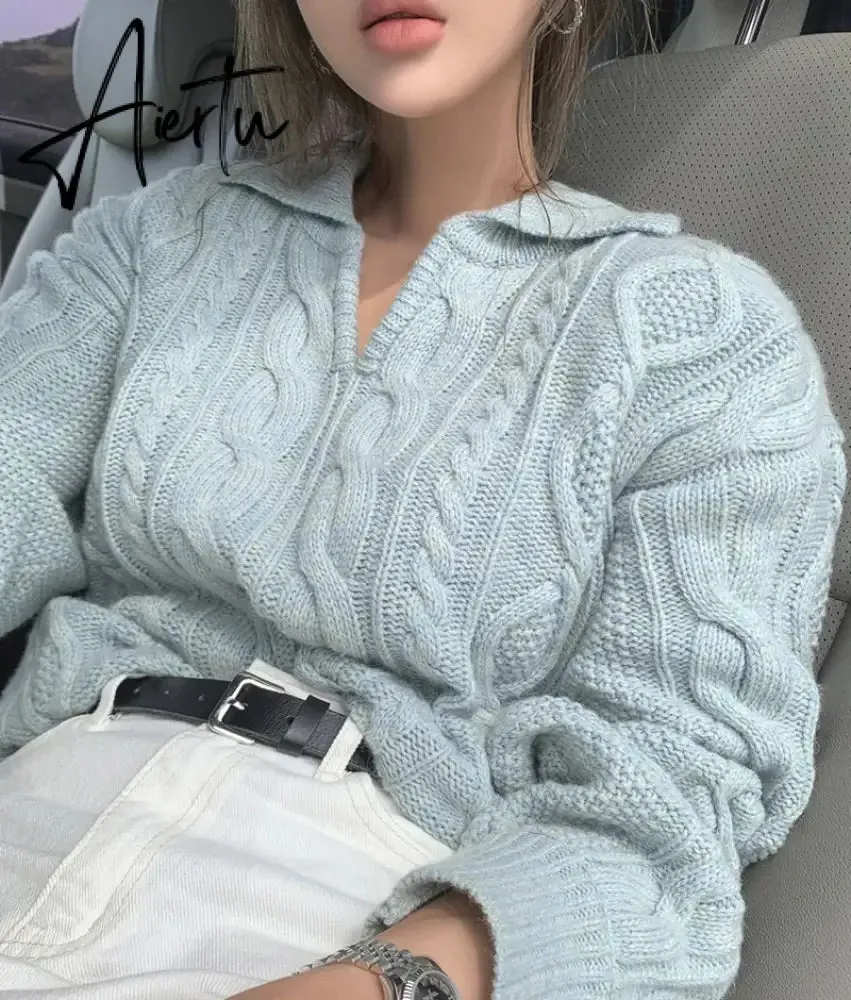 Kitty Retro Women Sweater Pullovers Knitted Casual Solid Autumn Turn-down Collar Feminine Loose All Match Soft Sweet Tops
