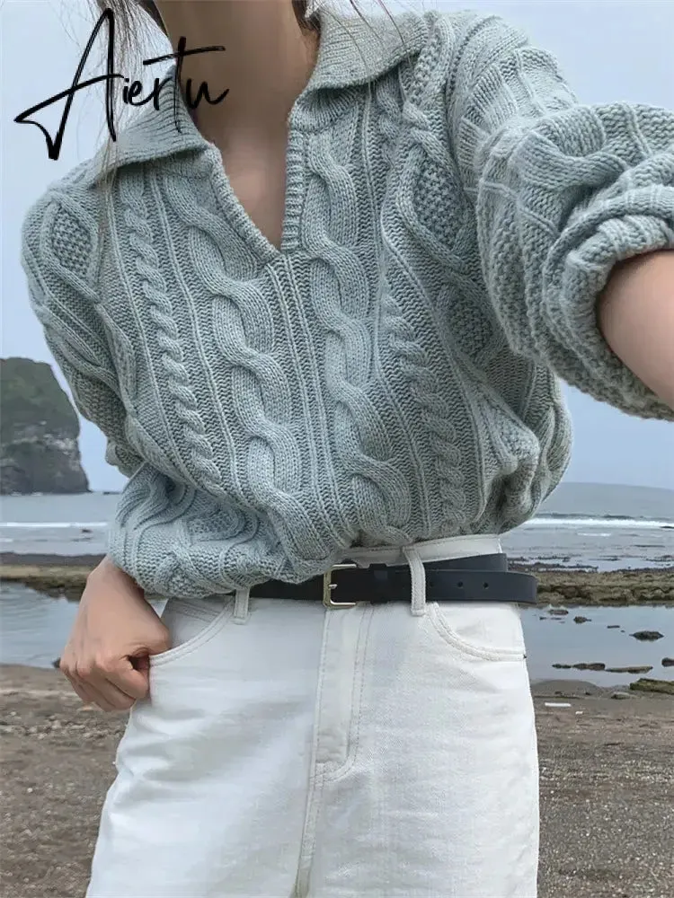 Kitty Retro Women Sweater Pullovers Knitted Casual Solid Autumn Turn-down Collar Feminine Loose All Match Soft Sweet Tops
