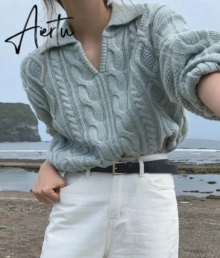 Kitty Retro Women Sweater Pullovers Knitted Casual Solid Autumn Turn-down Collar Feminine Loose All Match Soft Sweet Tops