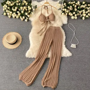 Knitted Wide Leg Pant   Backless Top Set (Camel , White and Black)