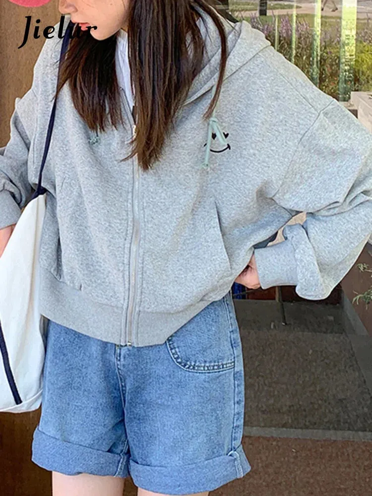 Metaversmall Thin Short Hoodies Women Korean Autumn Causal White Black Sweatshirt Hooded Long Sleeve Streetwear Embroidery Jacket M-XL