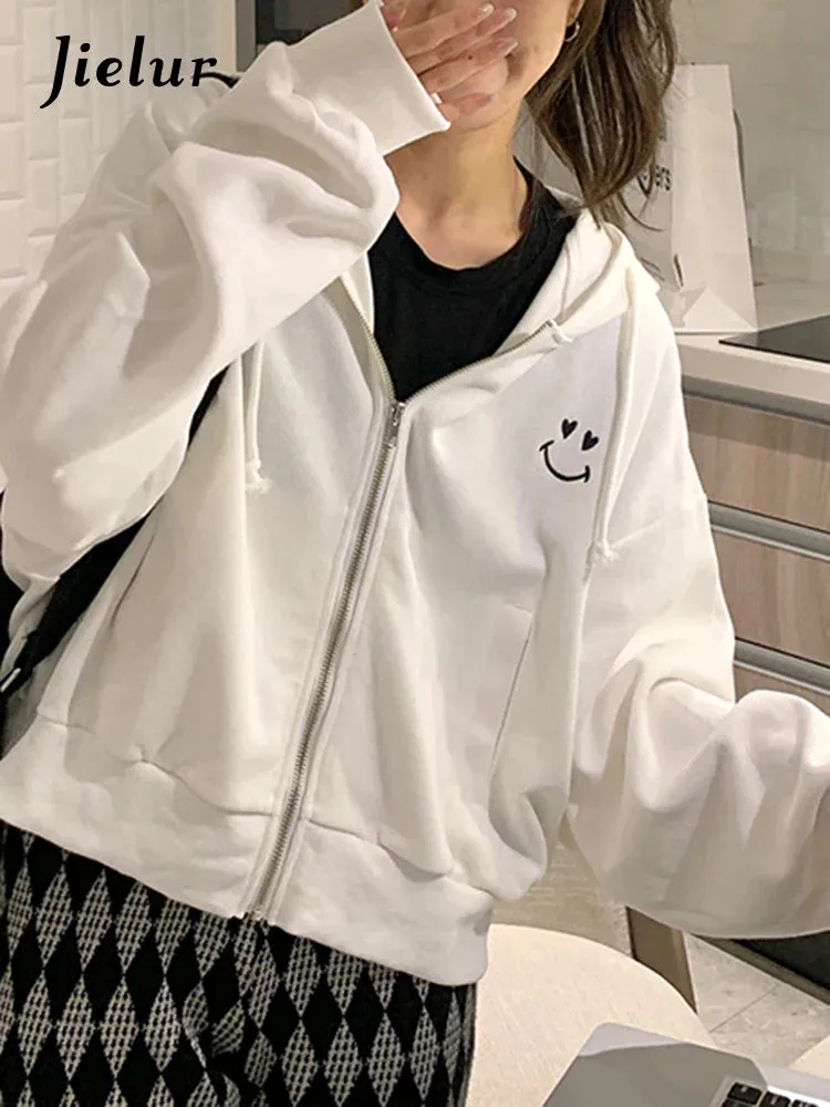 Metaversmall Thin Short Hoodies Women Korean Autumn Causal White Black Sweatshirt Hooded Long Sleeve Streetwear Embroidery Jacket M-XL